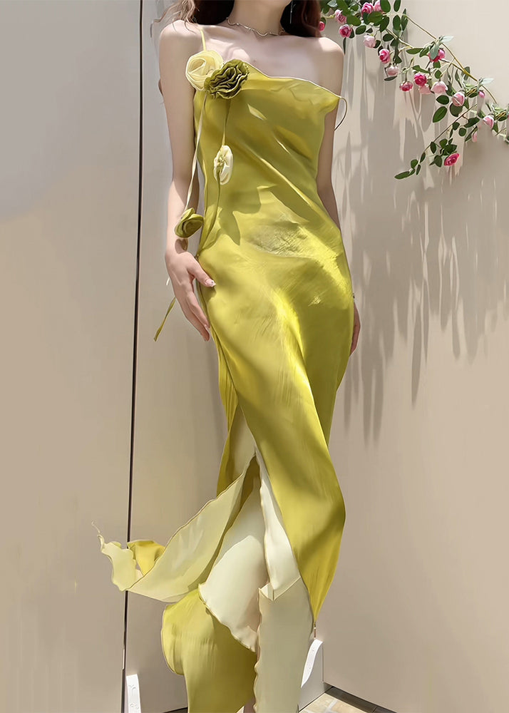 One Shoulder Rosette Trim High Split Ruffle Hem Satin Maxi Gown