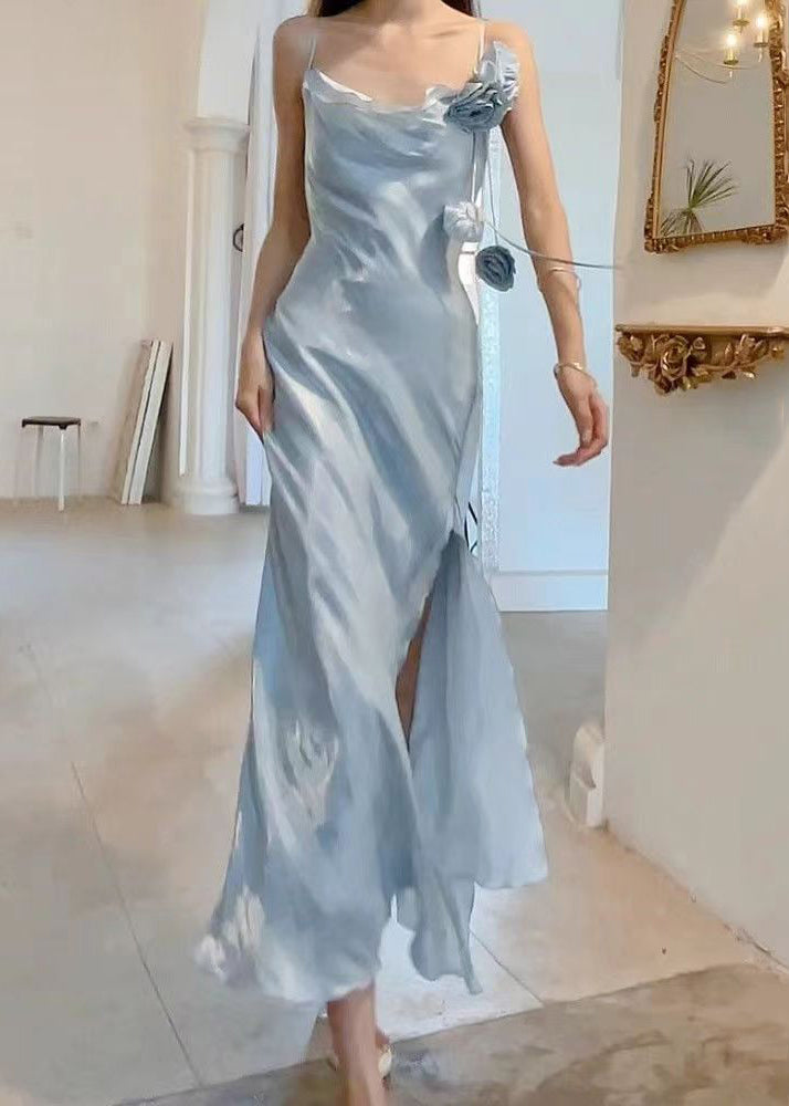 One Shoulder Rosette Trim High Split Ruffle Hem Satin Maxi Gown - View 2