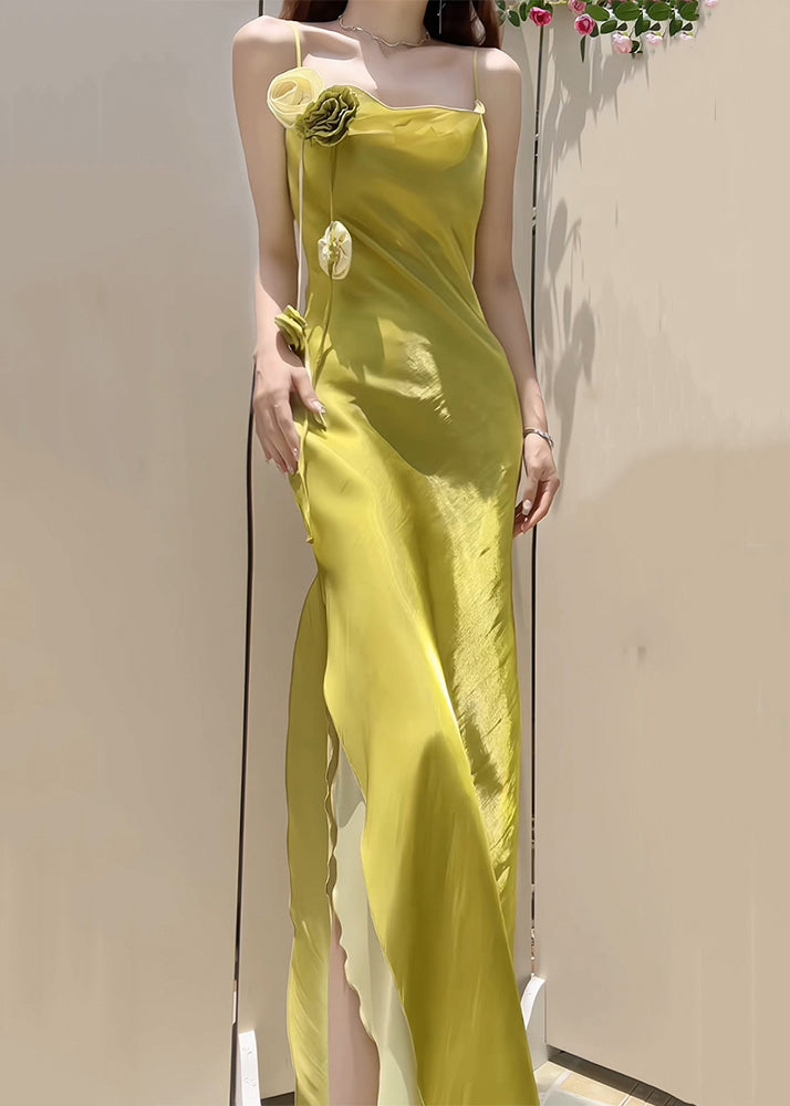 One Shoulder Rosette Trim High Split Ruffle Hem Satin Maxi Gown - View 3