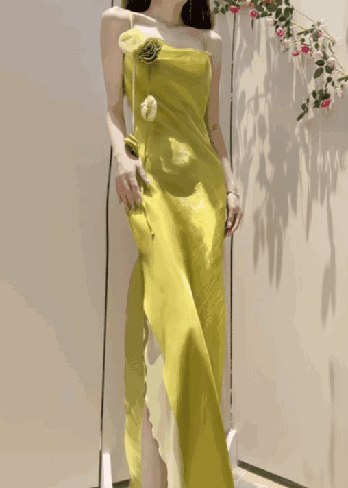 One Shoulder Rosette Trim High Split Ruffle Hem Satin Maxi Gown - View 5