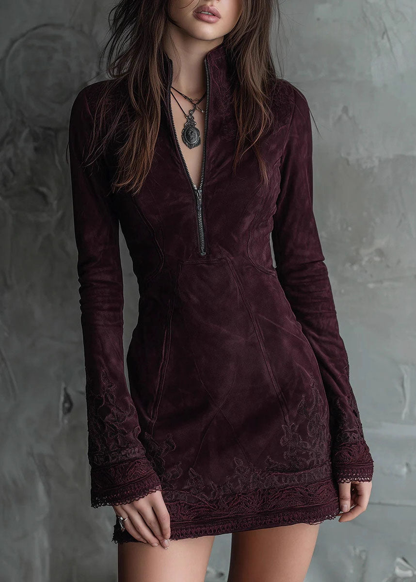 Faux Suede Zip Front Mock Neck Bell Sleeve Lace Trim Mini Dress
