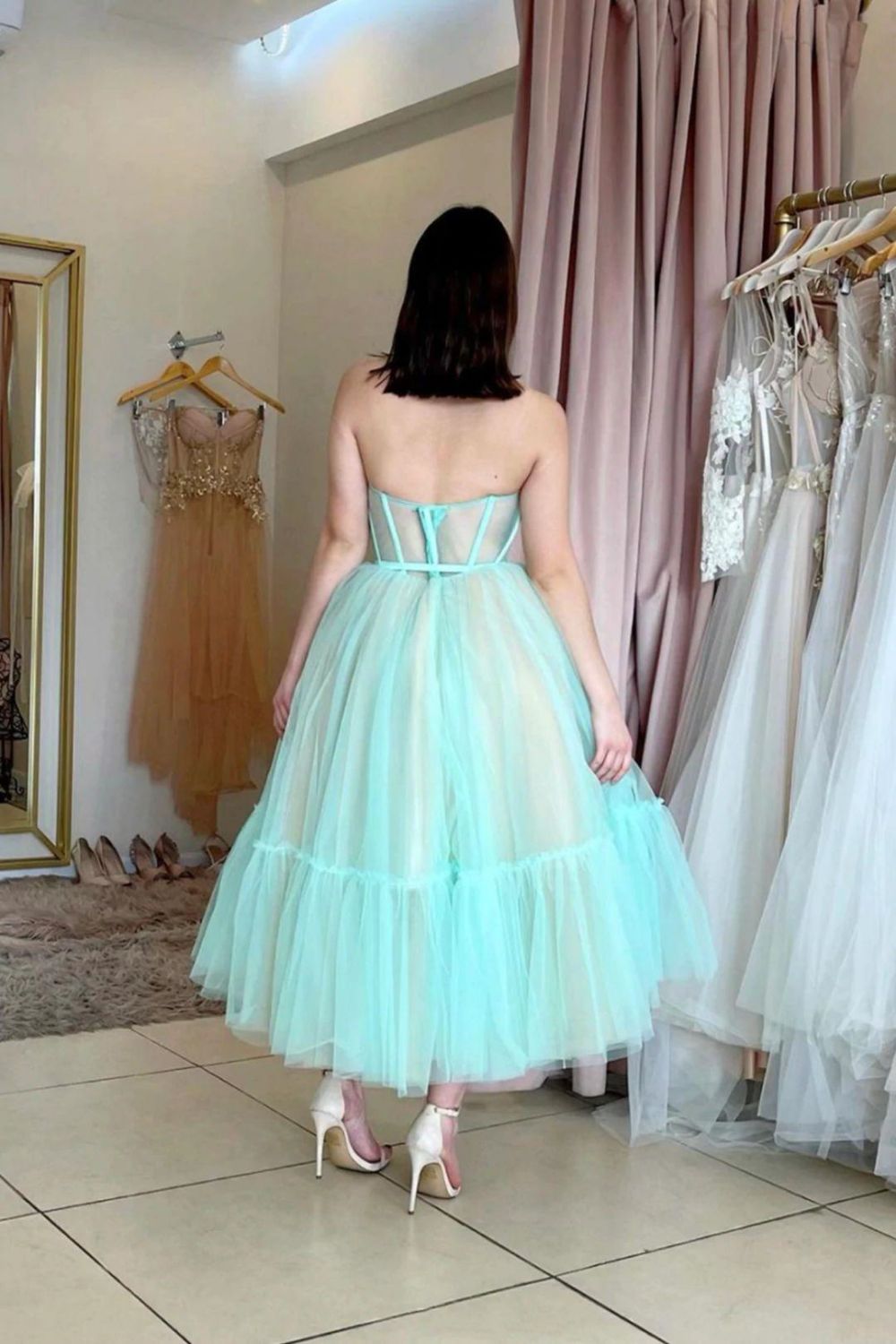 New Design A-line Tea Length Strapless Homecoming Dress - Fashionpara