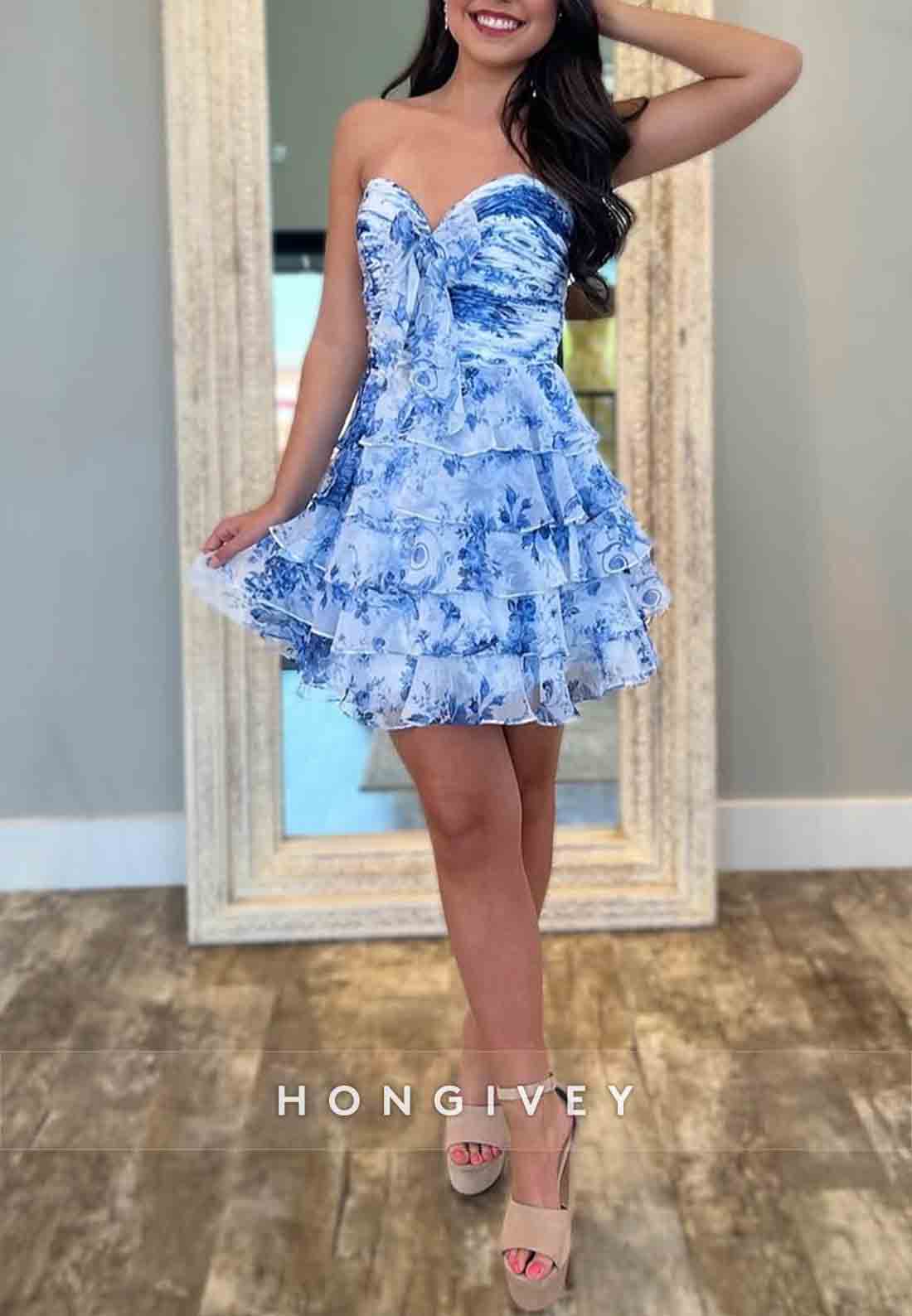 Sweetheart Bowknot A-Line Floral Print Pleated Short Homecoming Dresses