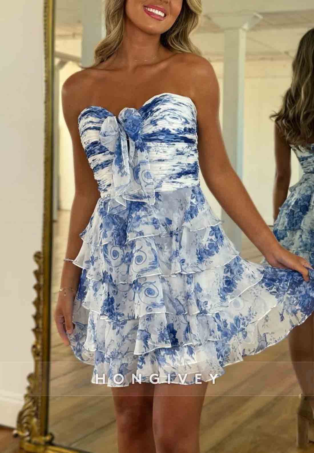 Sweetheart Bowknot A-Line Floral Print Pleated Short  Homecoming Dresses