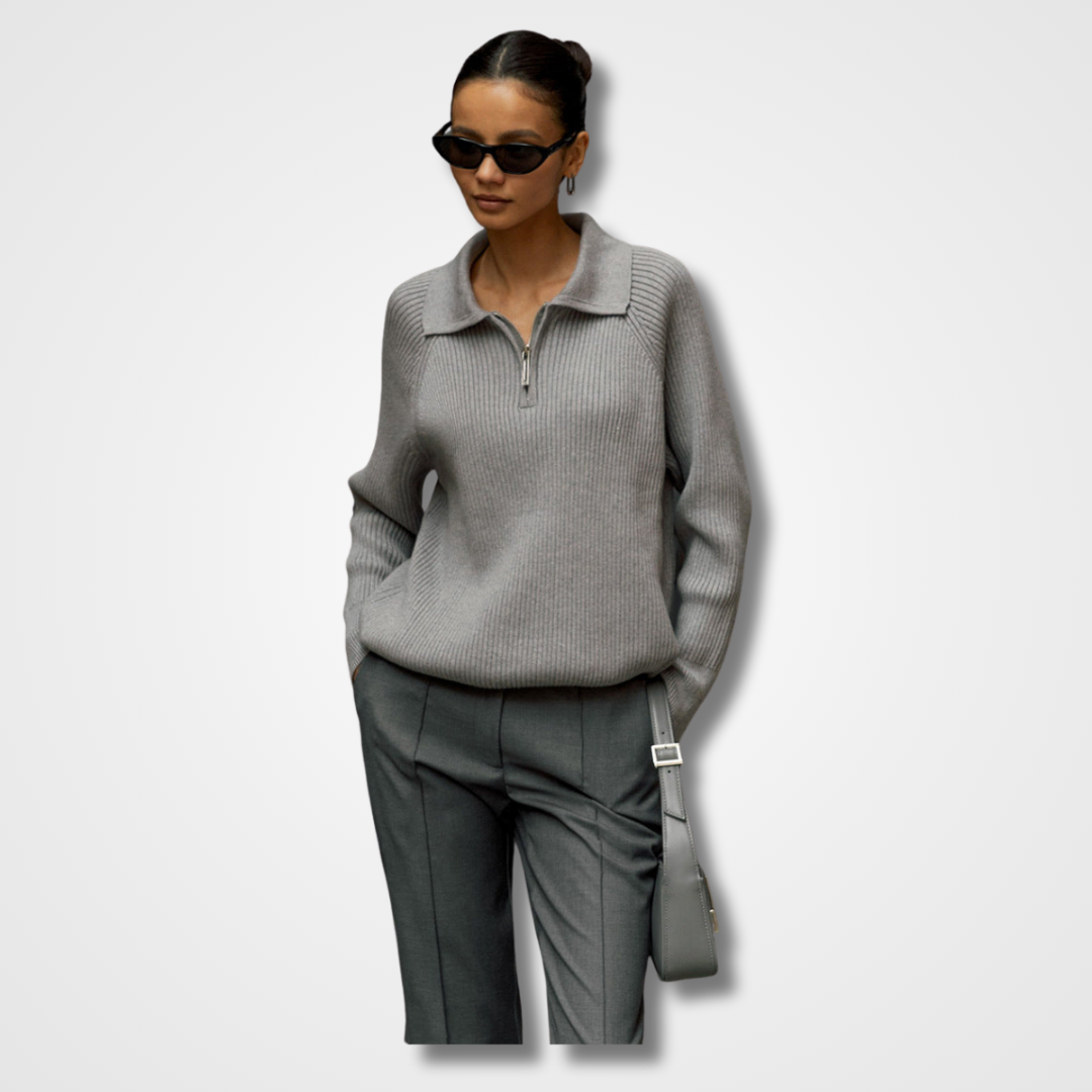Collared Quarter Zip Ribbed Knit Sweater 6