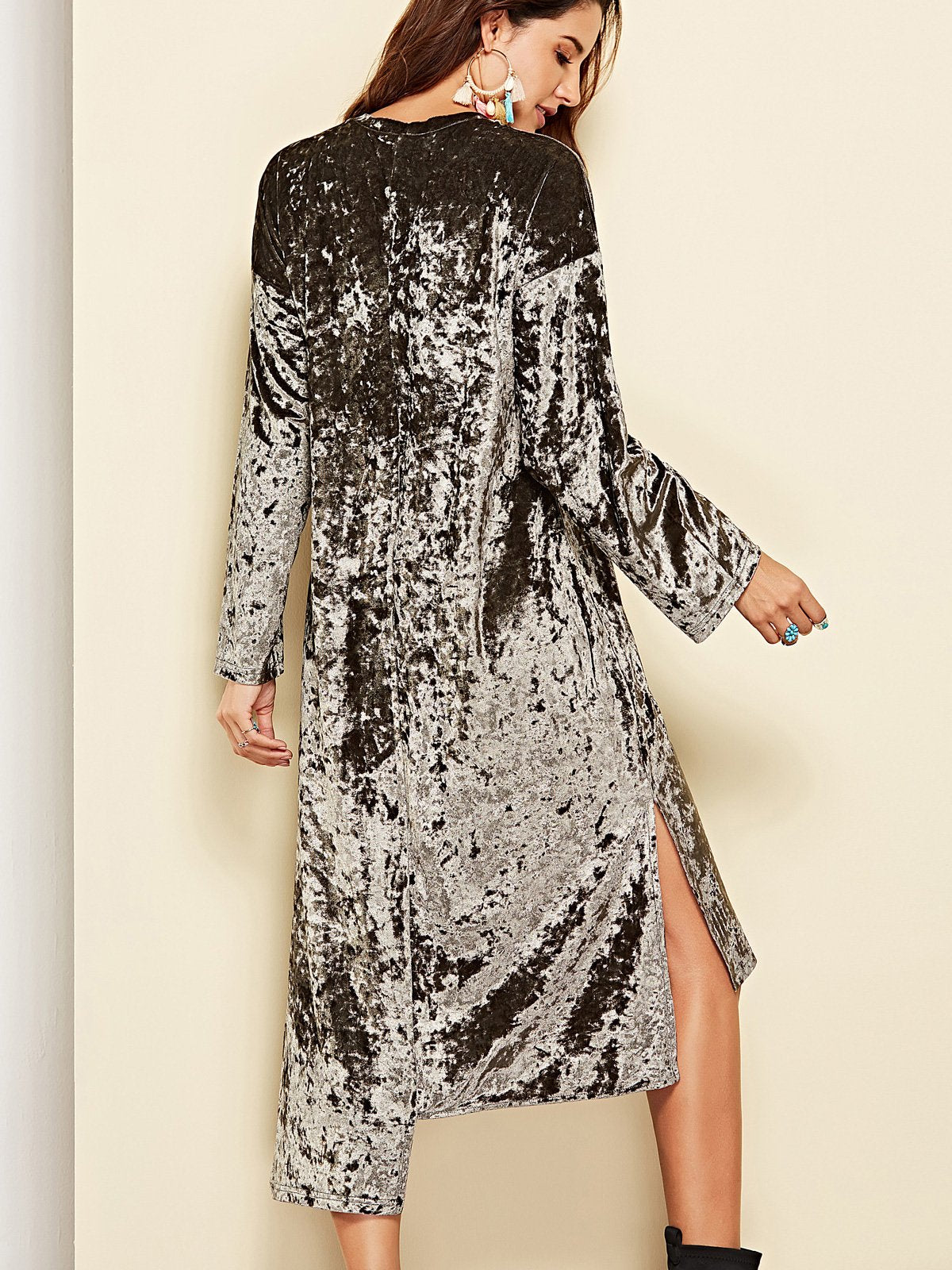 Crushed Velvet Long-Sleeve High-Low Midi Dress 8