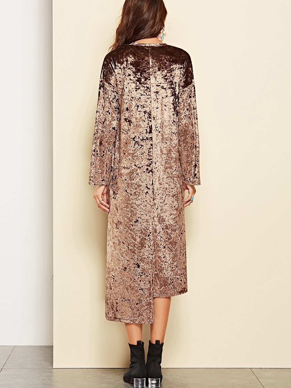 Crushed Velvet Long-Sleeve High-Low Midi Dress 3