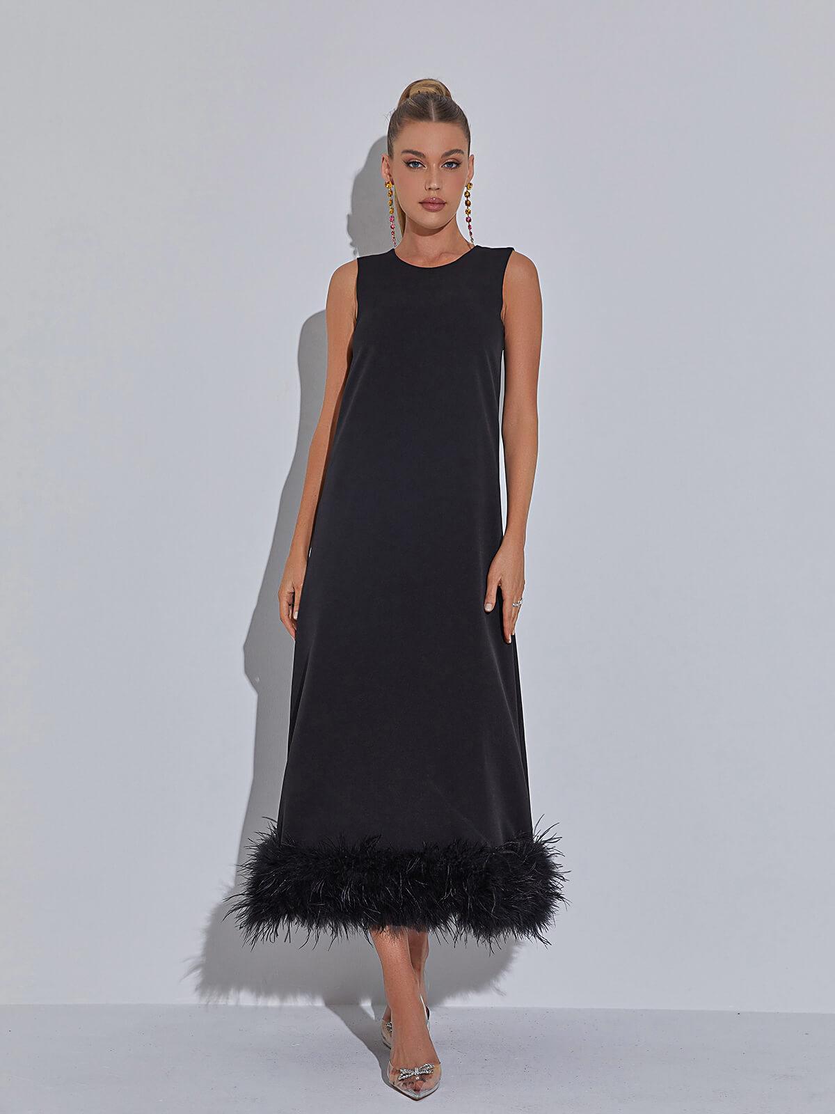 Satin Round-Neck Sleeveless Feather-Hem Shift Midi Dress