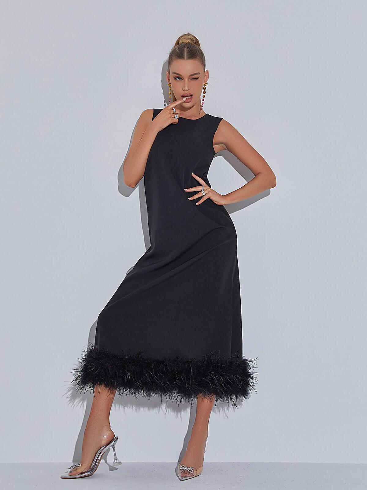 Nisha Feather Midi Dress In Black