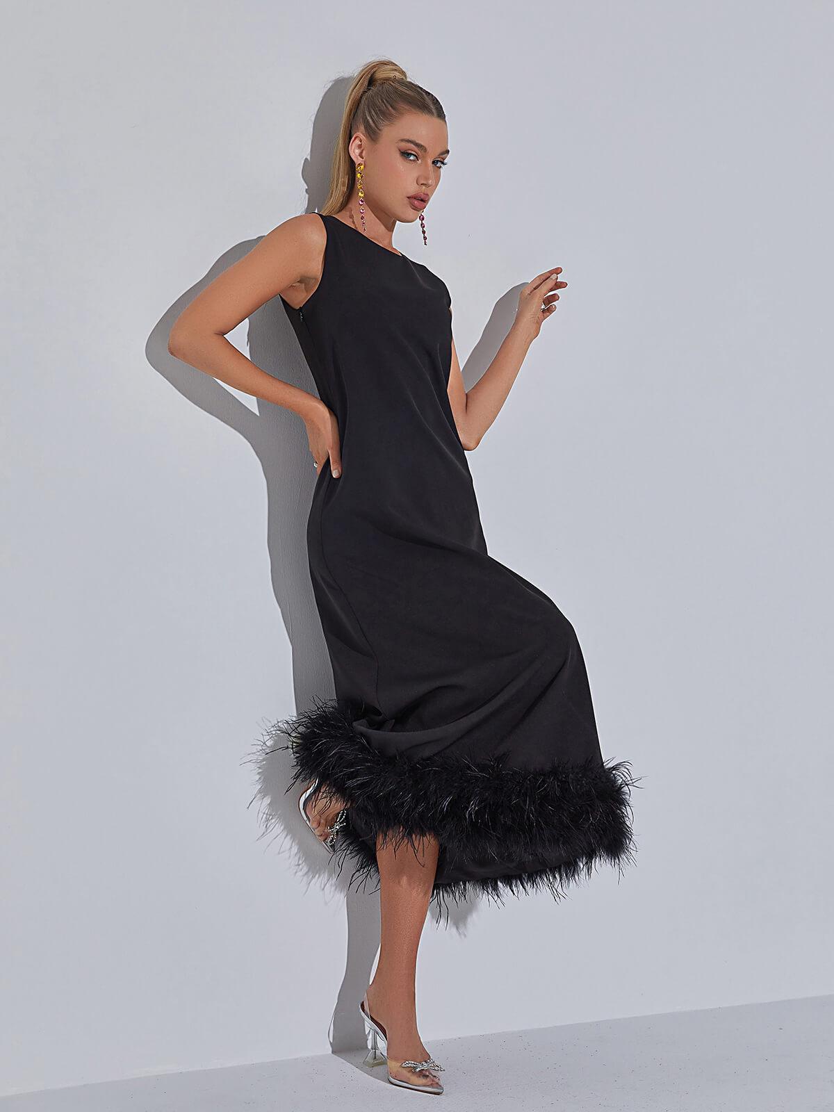 Nisha Feather Midi Dress In Black