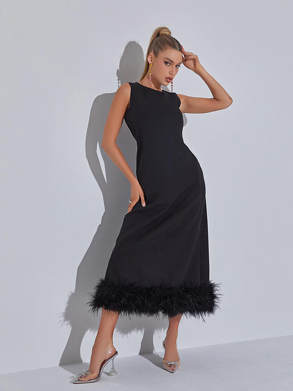 Nisha Feather Midi Dress In Black