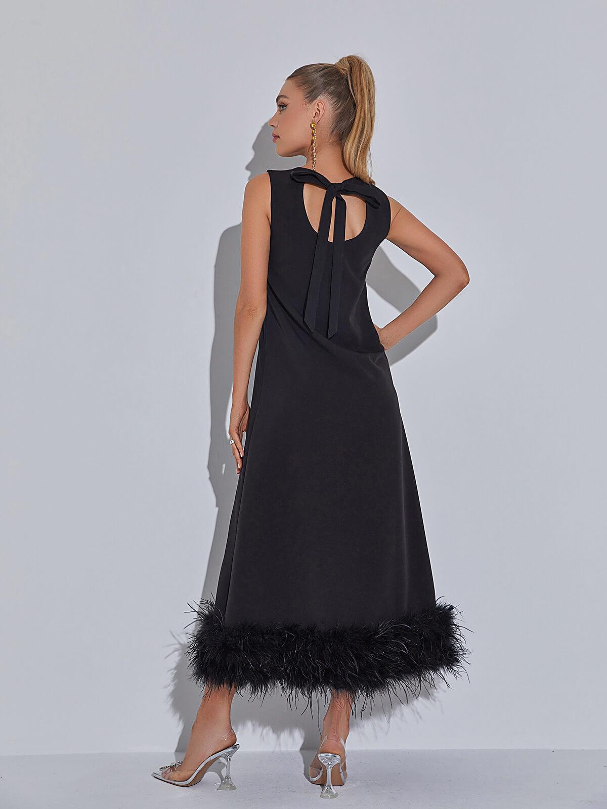 Satin Round-Neck Sleeveless Feather-Hem Shift Midi Dress 5