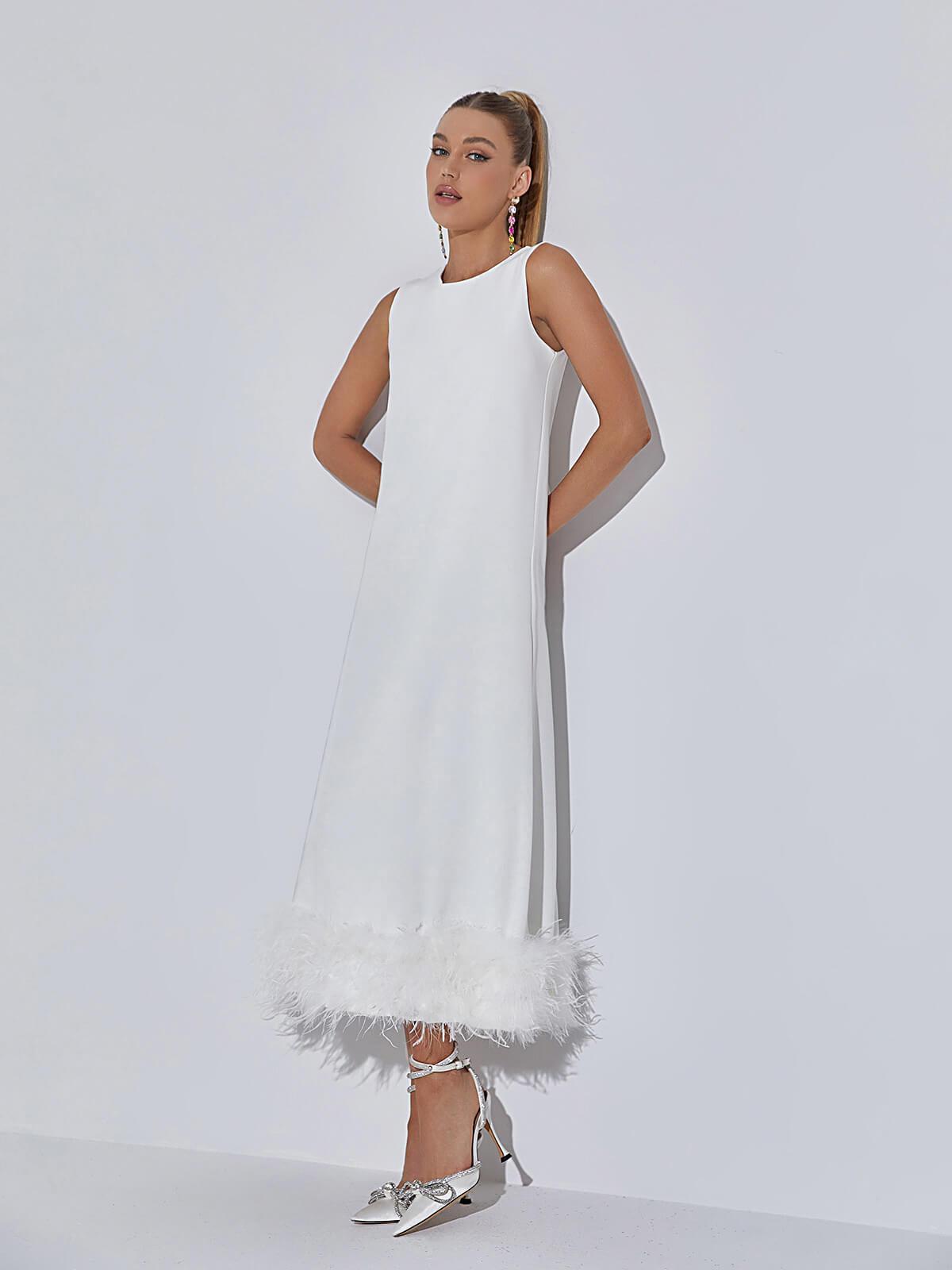 Nisha Feather Midi Dress In White
