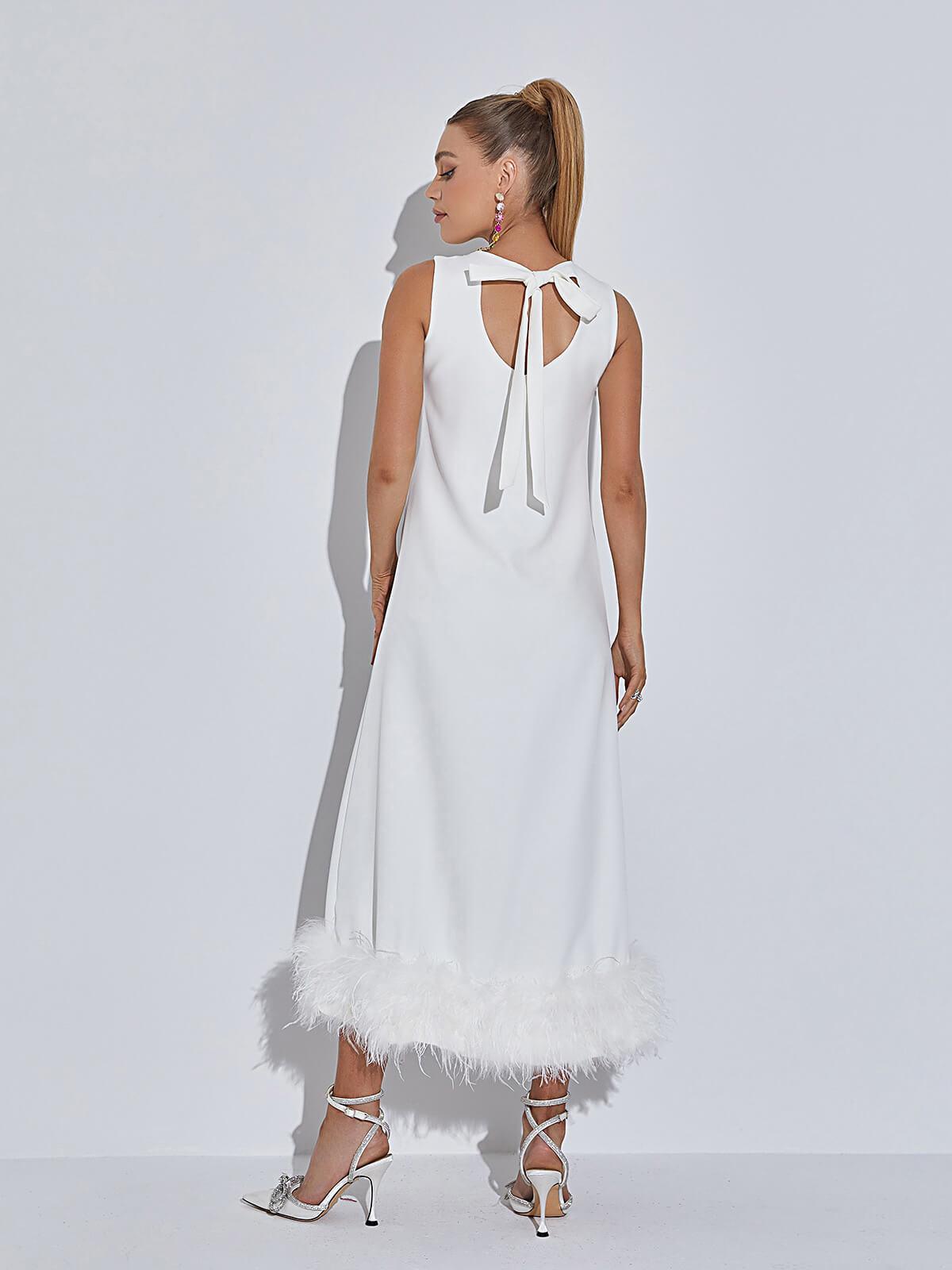 Nisha Feather Midi Dress In White