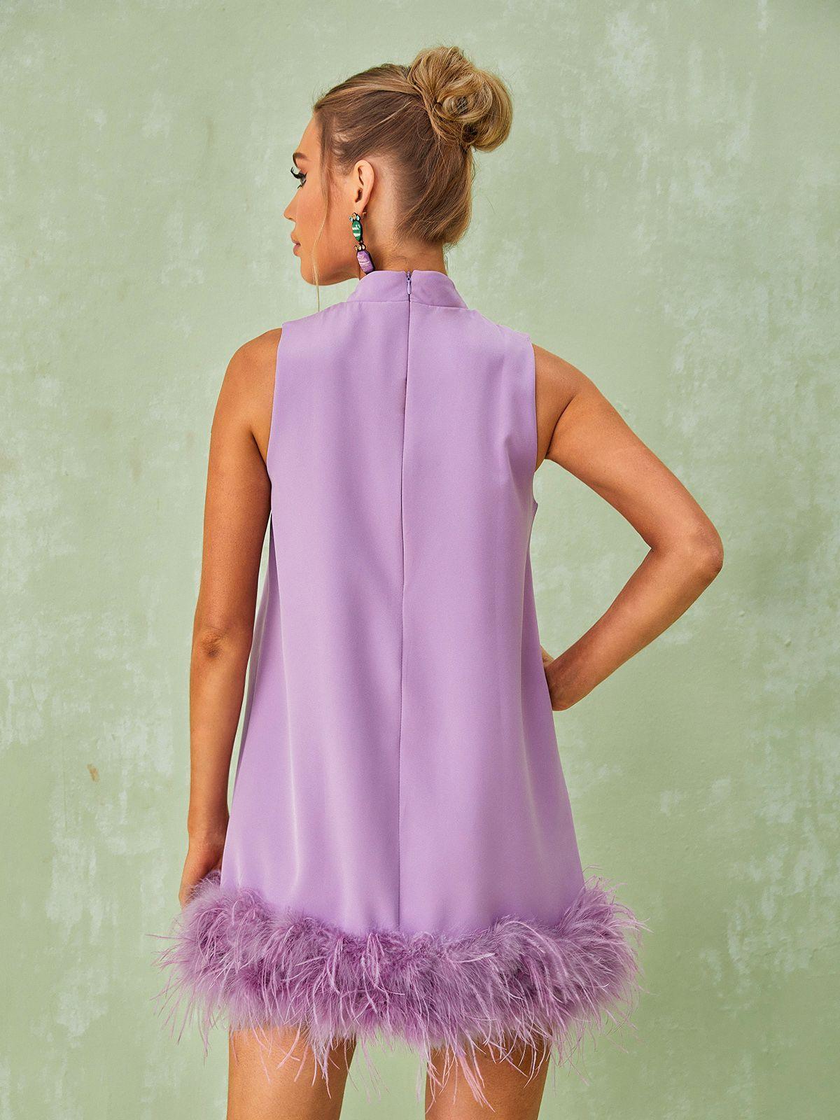 Feather-Trim Mock Neck Sleeveless Shift Mini Dress 5