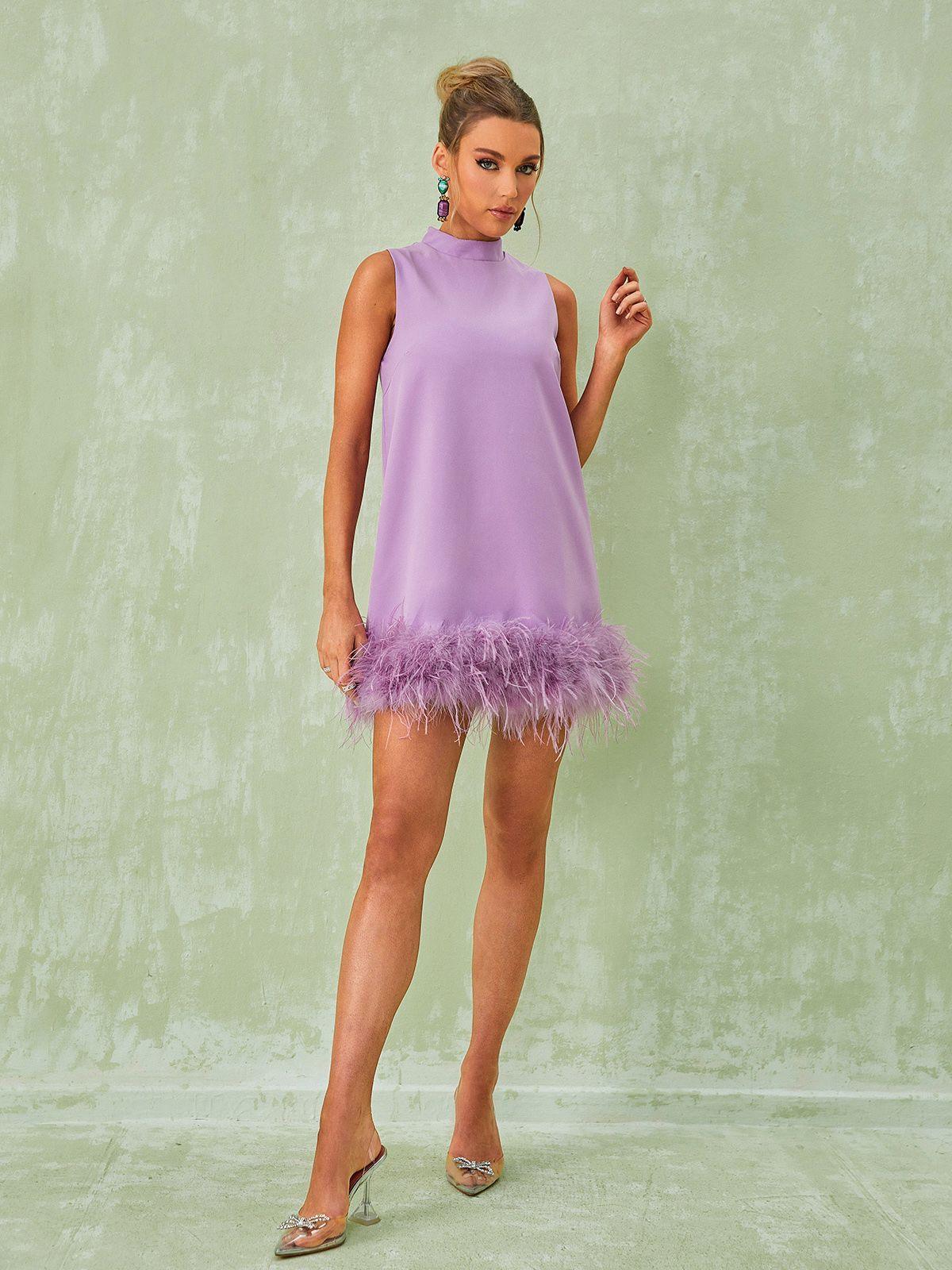 Feather-Trim Mock Neck Sleeveless Shift Mini Dress 4