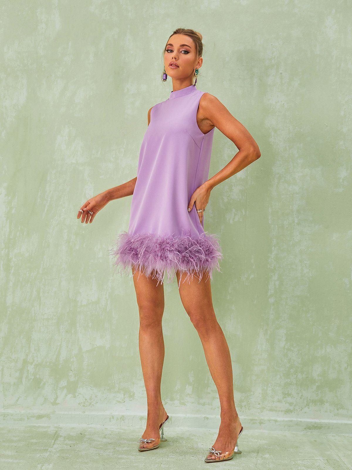 Feather-Trim Mock Neck Sleeveless Shift Mini Dress 2