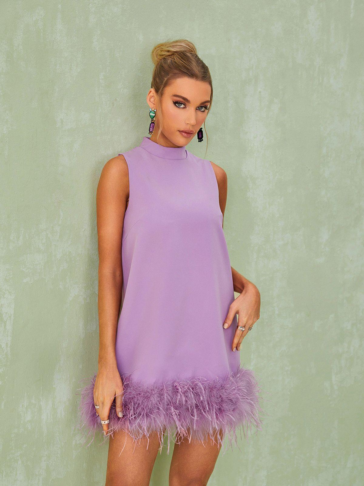 Feather-Trim Mock Neck Sleeveless Shift Mini Dress