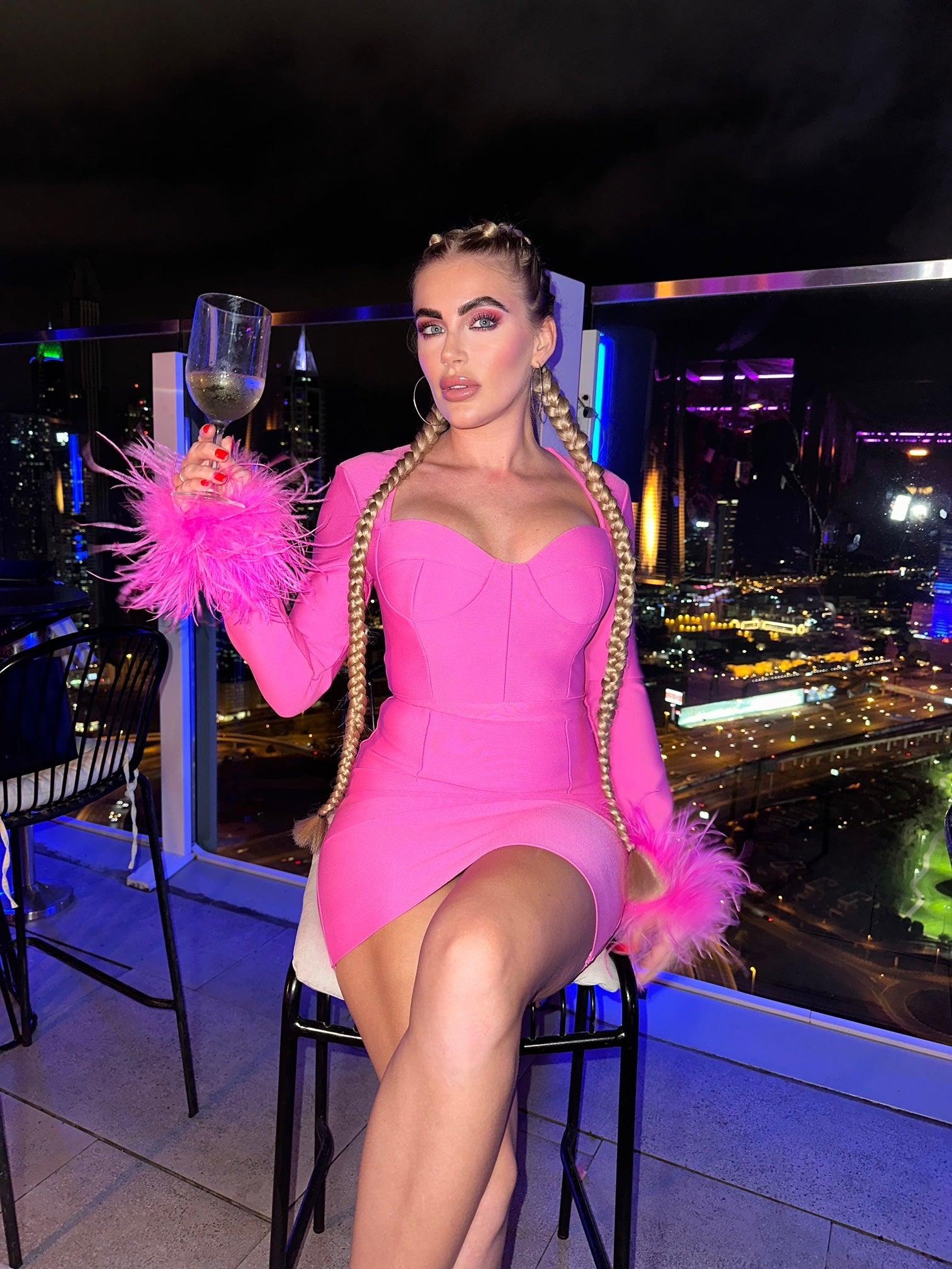 Nixie Long Sleeve Feather Bandage Dress In Hot Pink