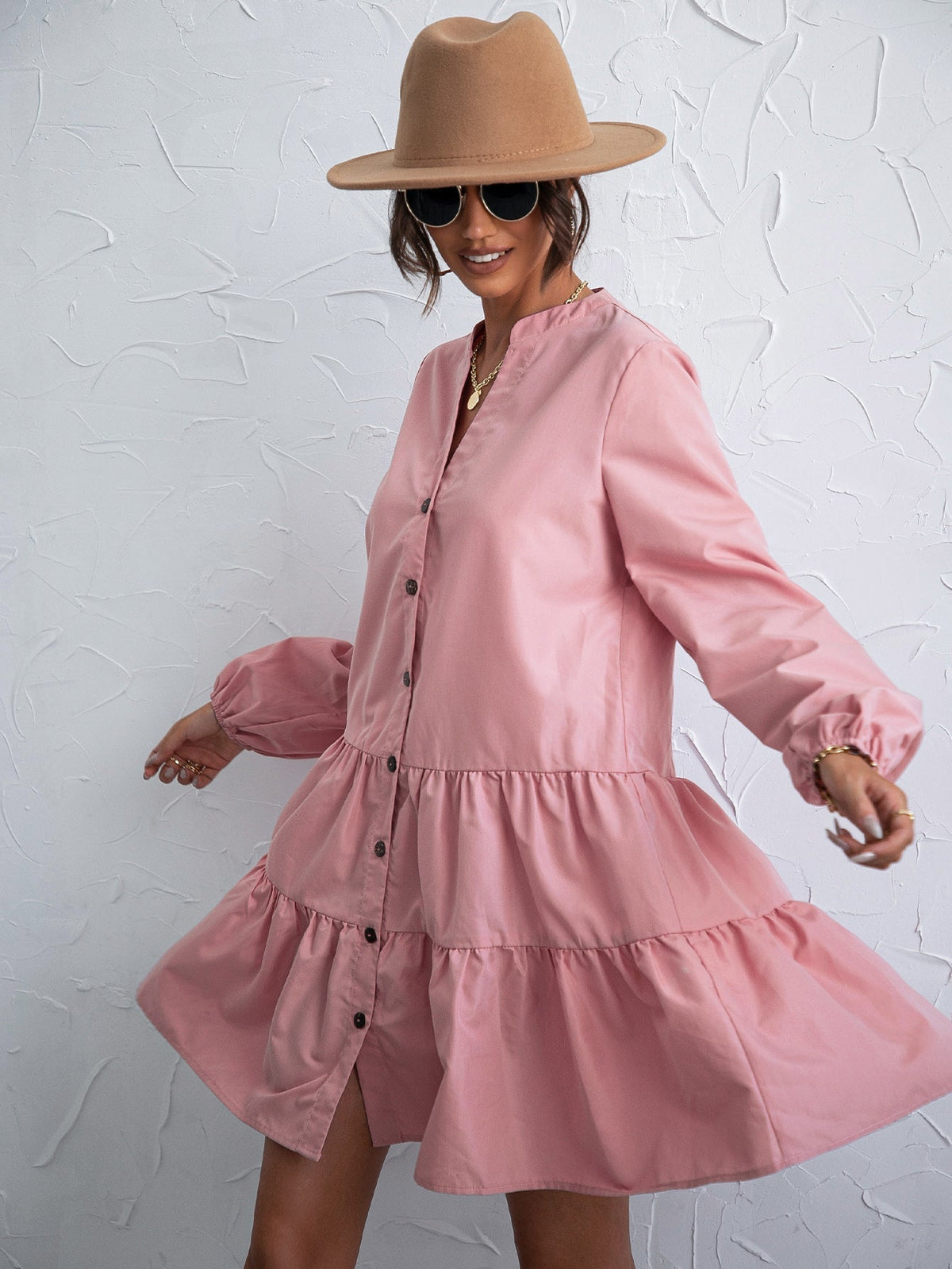 Long Sleeve Button Front Tiered Mini Shirt Dress