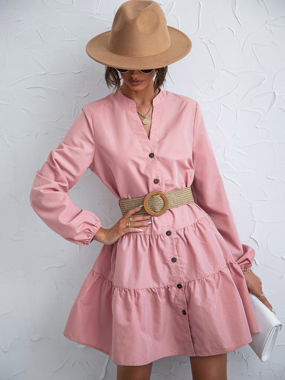 Long Sleeve Button Front Tiered Mini Shirt Dress