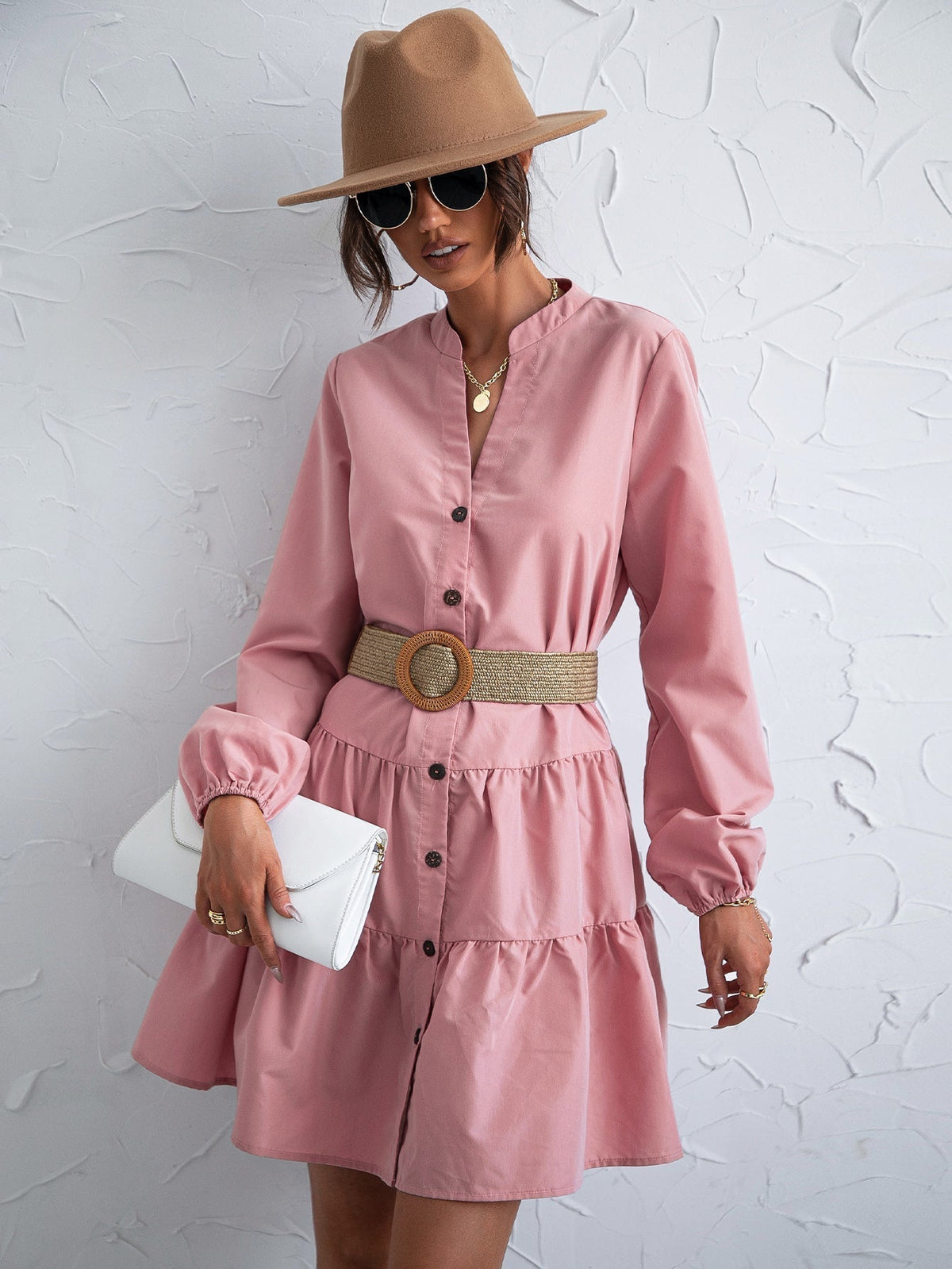 Long Sleeve Button Front Tiered Mini Shirt Dress