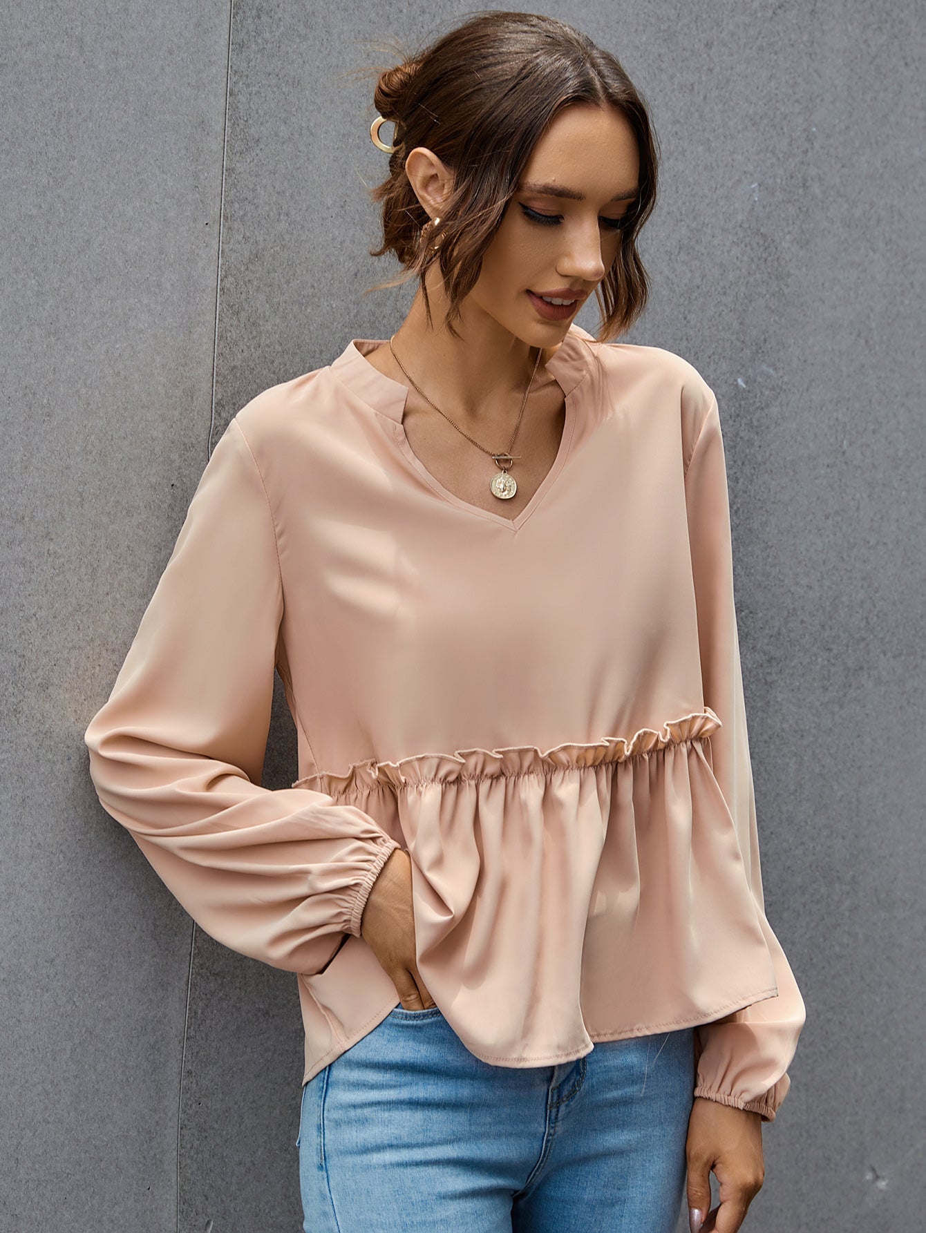 Notched Neck Lettuce Trim Blouse - Fashionpara