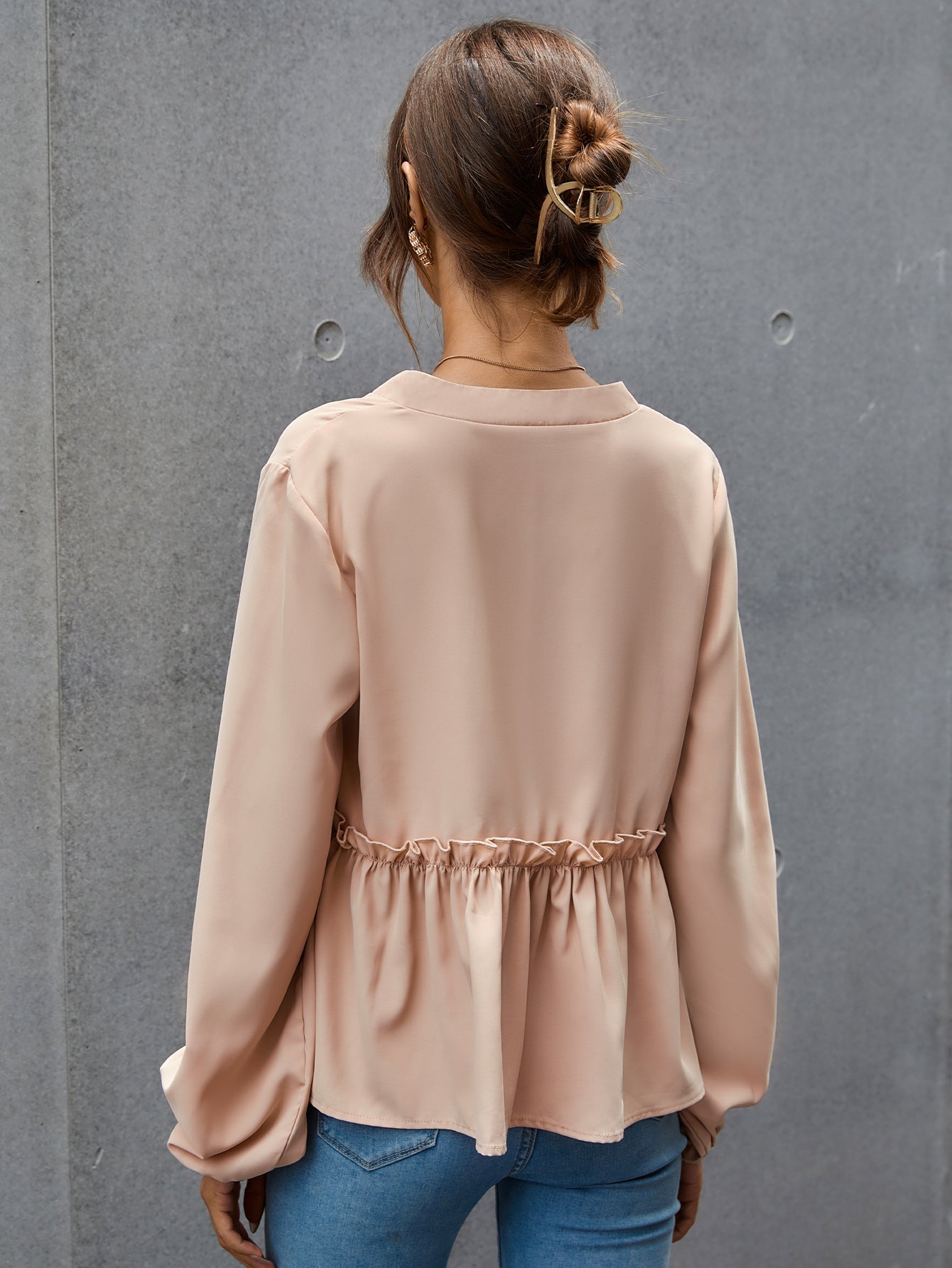 Notched Neck Lettuce Trim Blouse - Fashionpara