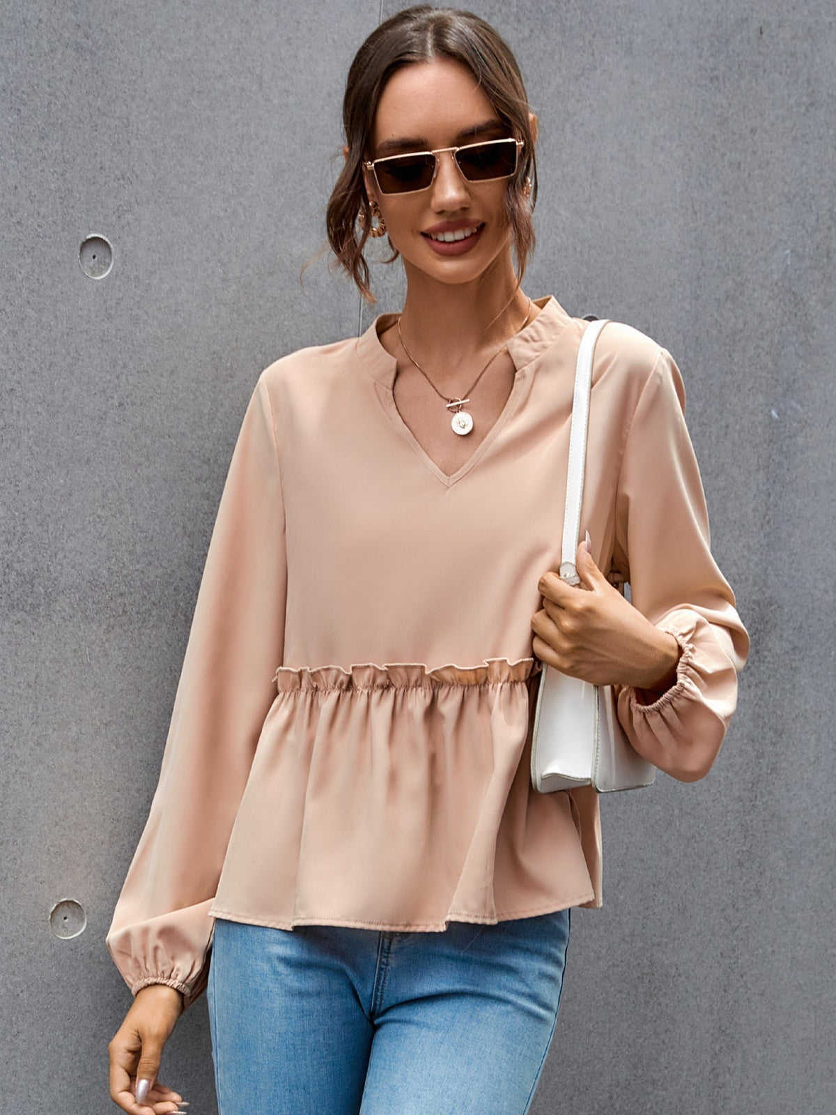 KittenAlarm - Notched Neck Lettuce Trim Blouse