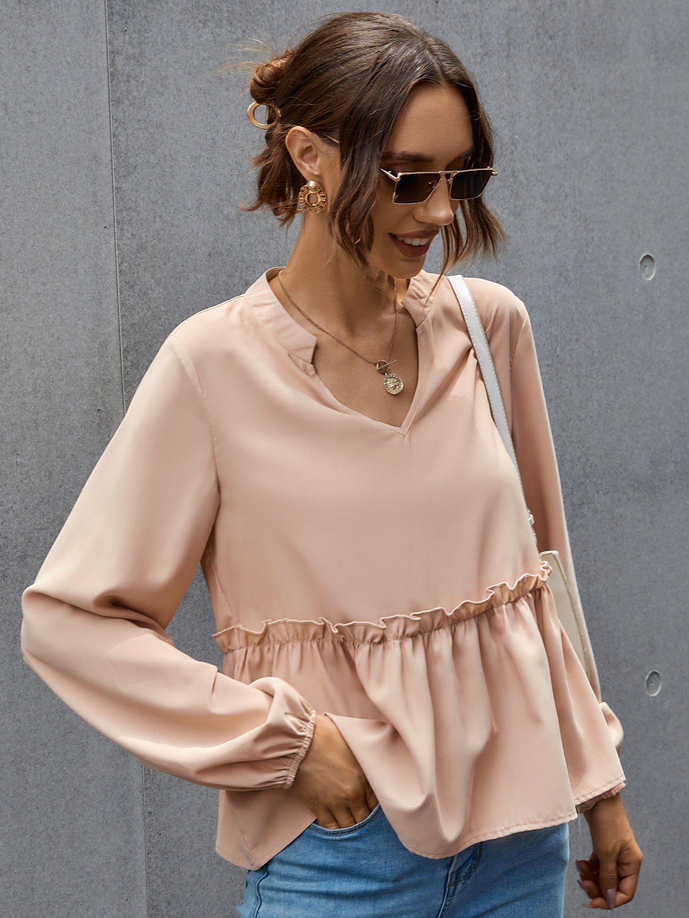 Notched Neck Lettuce Trim Blouse - Fashionpara