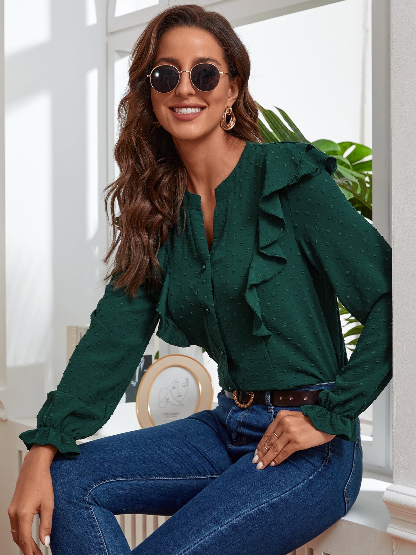 Notched Neck Ruffle Hem Blouse - Fashionpara