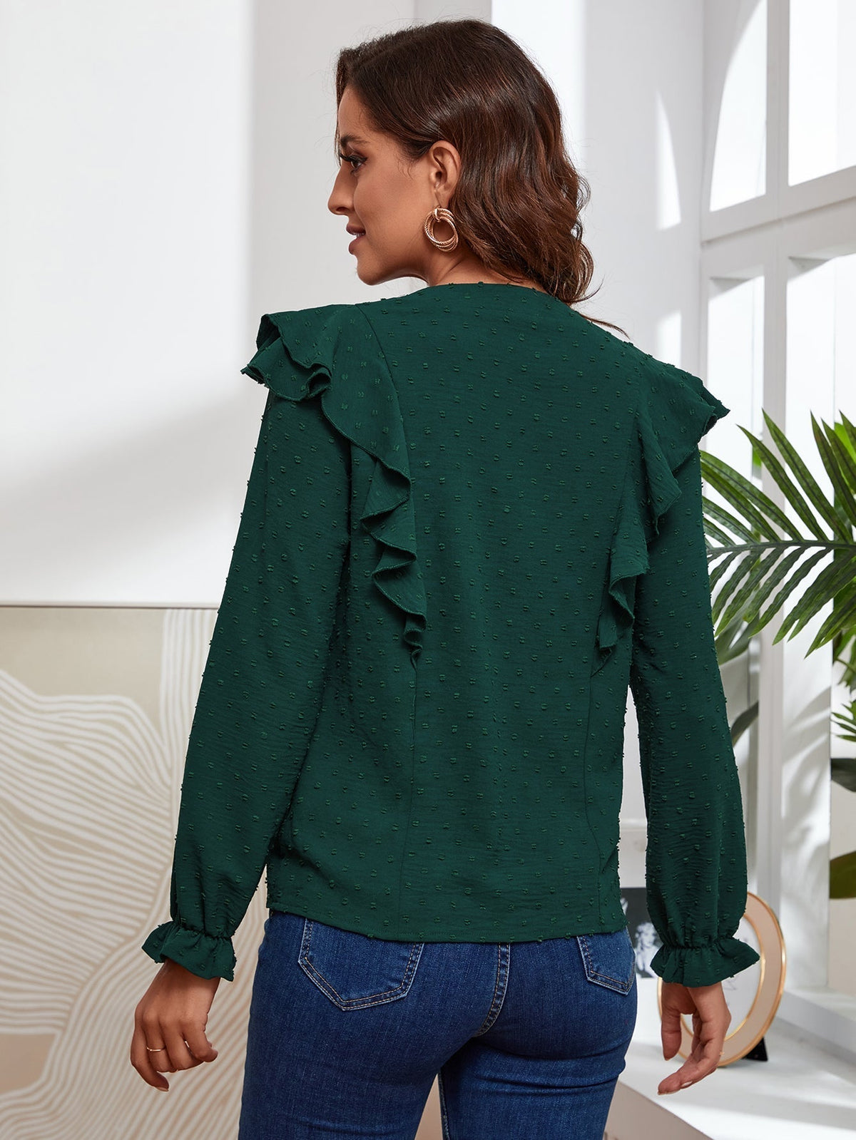 KittenAlarm - Notched Neck Ruffle Hem Blouse