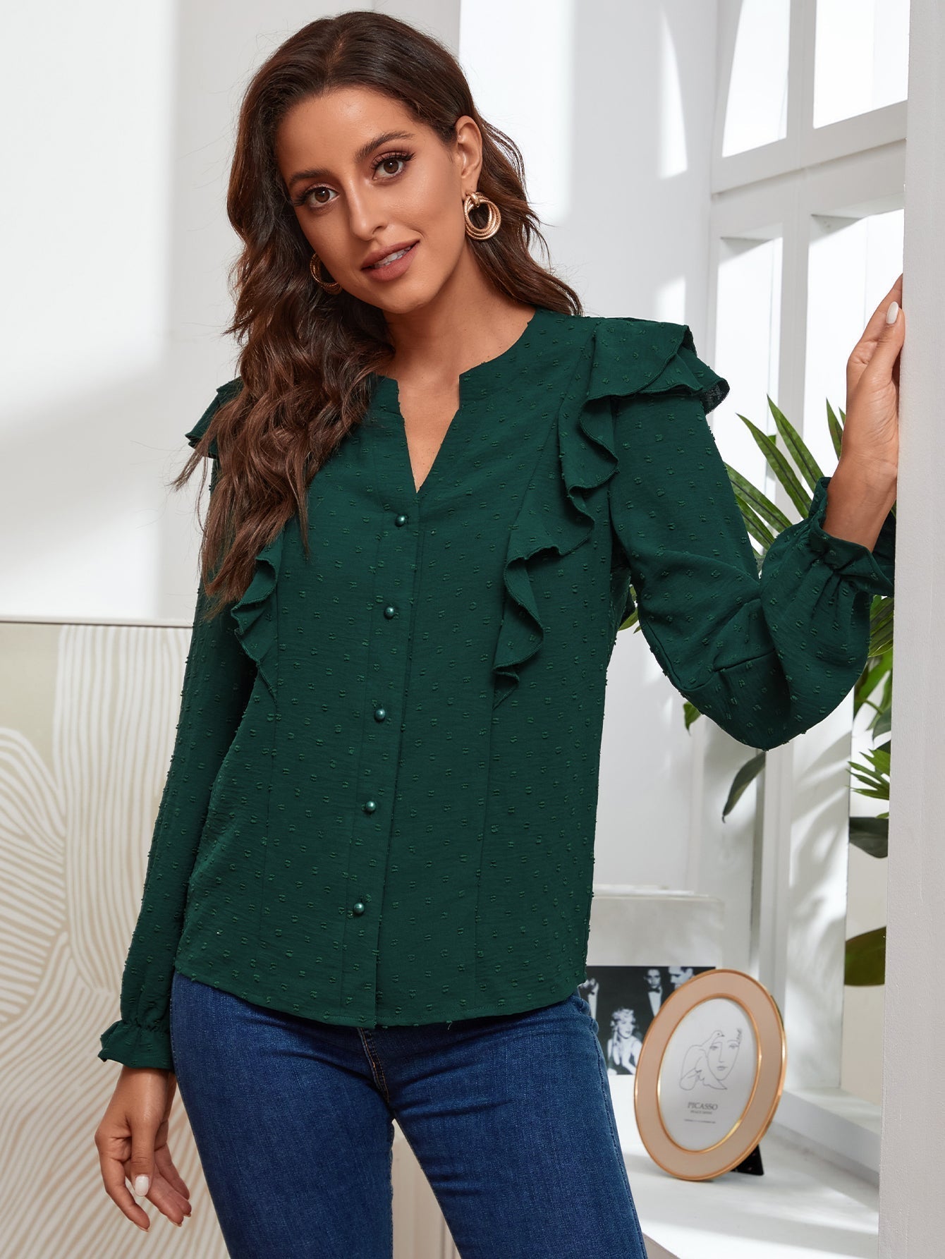 Notched Neck Ruffle Hem Blouse - Fashionpara