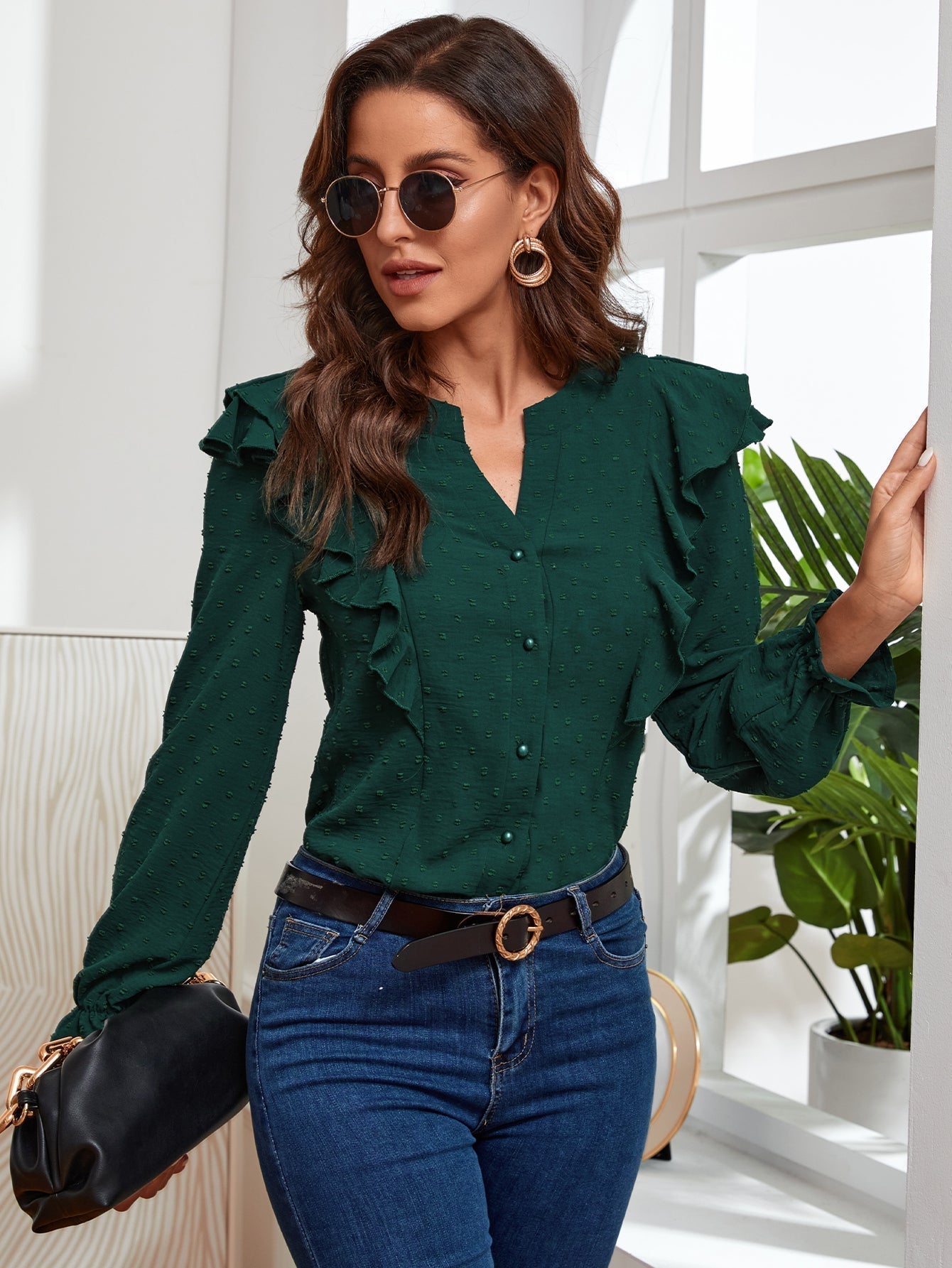 Notched Neck Ruffle Hem Blouse - Fashionpara