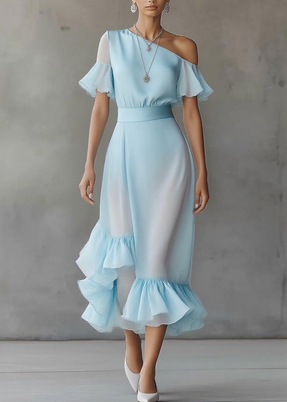 Novelty Blue Asymmetrical Patchwork Solid Chiffon Maxi Dress - View 3