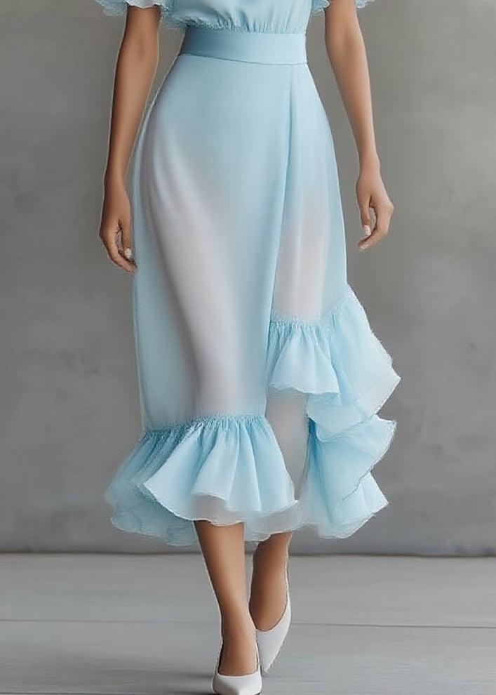 Novelty Blue Asymmetrical Patchwork Solid Chiffon Maxi Dress - View 4