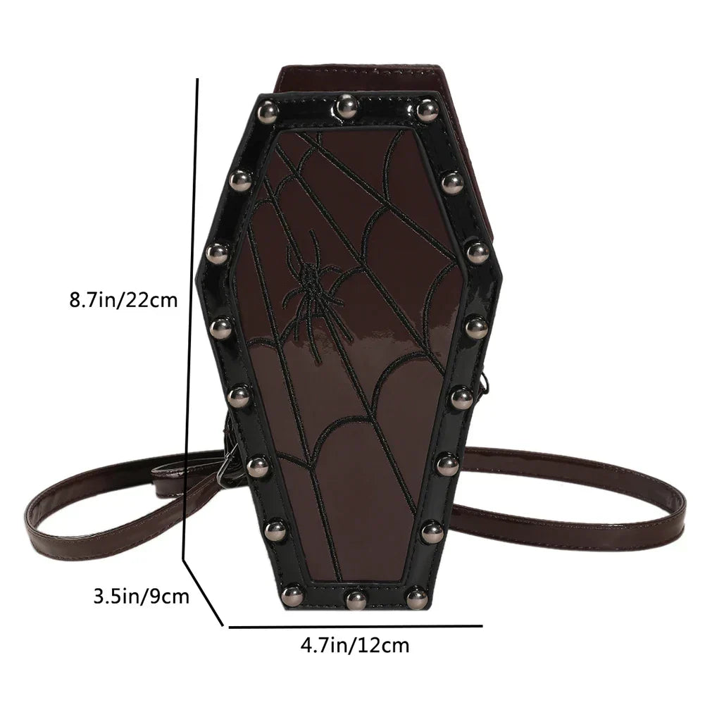 Novelty Halloween Gothic Coffin Shape Spider Web Sling Pu Leather Bag Claret2