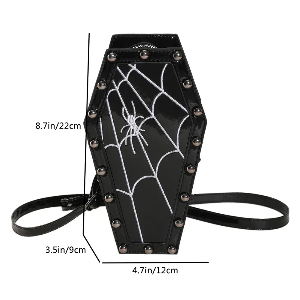 Novelty Halloween Gothic Coffin Shape Spider Web Sling Pu Leather Bag Black3