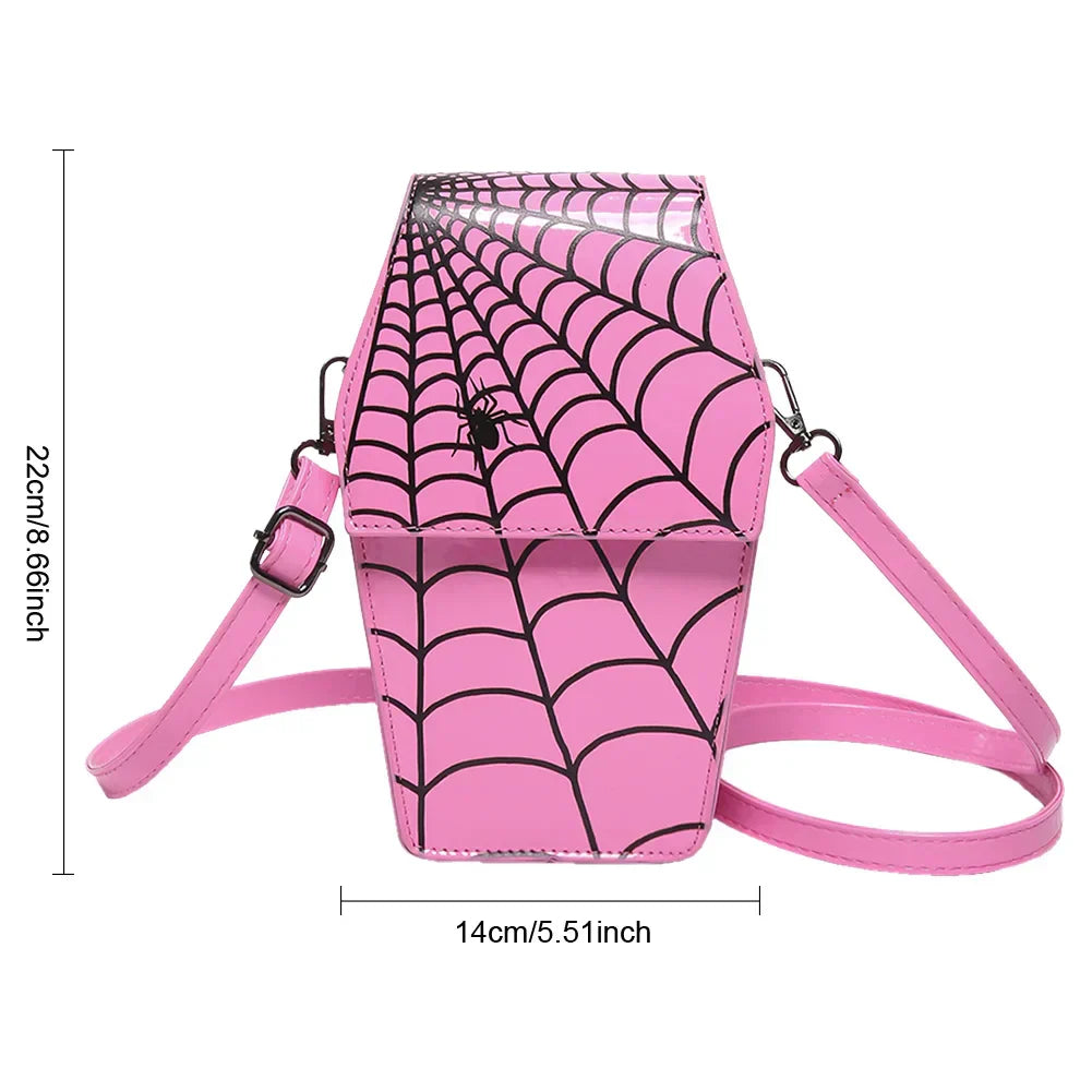 Novelty Halloween Gothic Coffin Shape Spider Web Sling Pu Leather Bag Pink