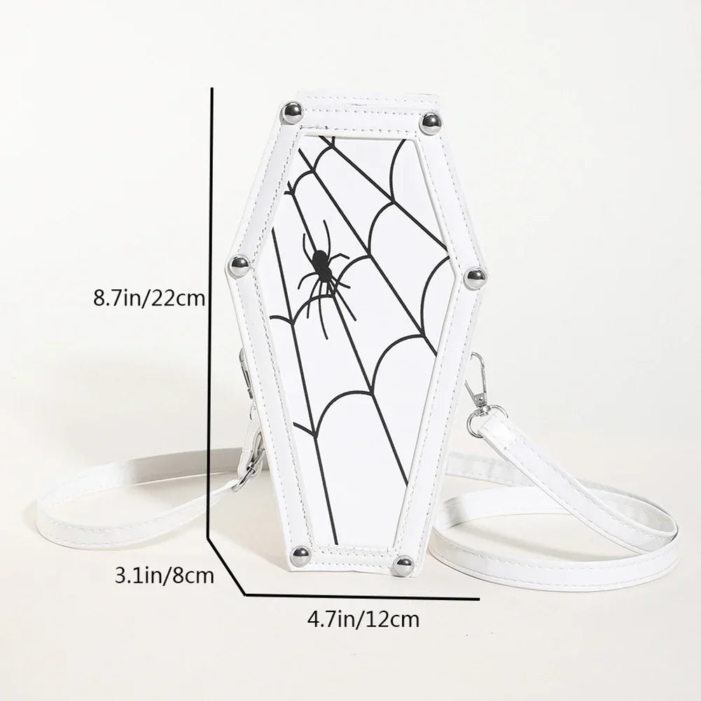 Novelty Halloween Gothic Coffin Shape Spider Web Sling Pu Leather Bag White