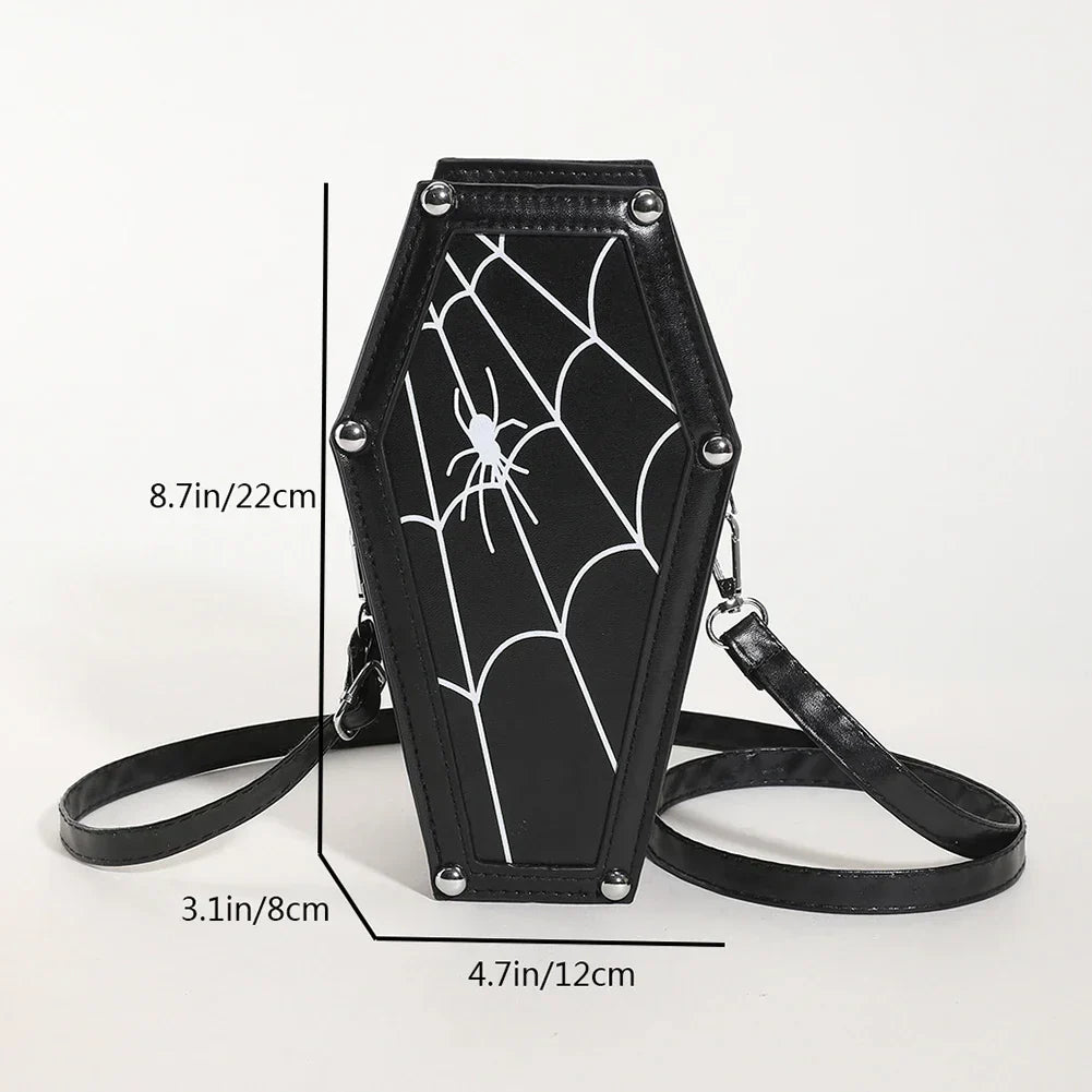 Novelty Halloween Gothic Coffin Shape Spider Web Sling Pu Leather Bag Black1