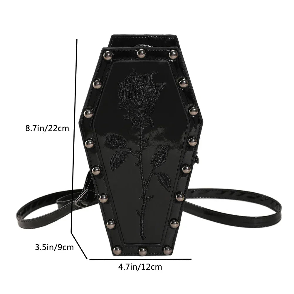 Novelty Halloween Gothic Coffin Shape Spider Web Sling Pu Leather Bag Black2