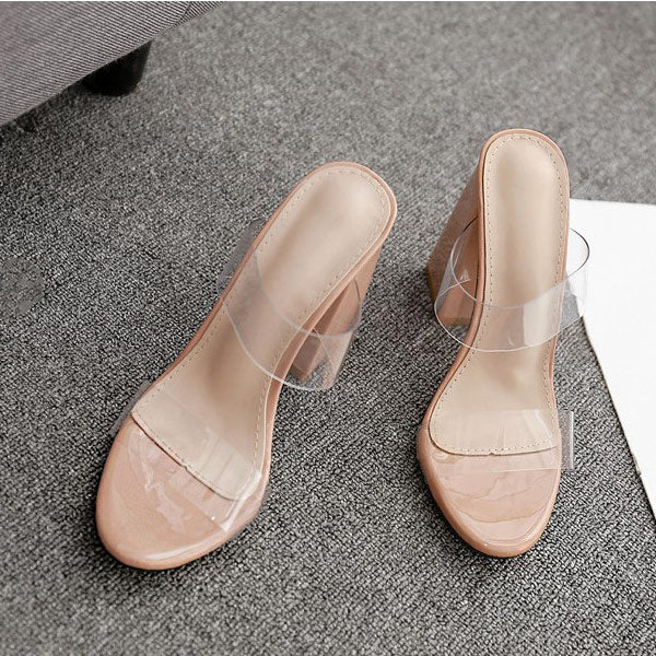 Nude Transparent Open Toe High Chunky Heel Sandals - Mislish