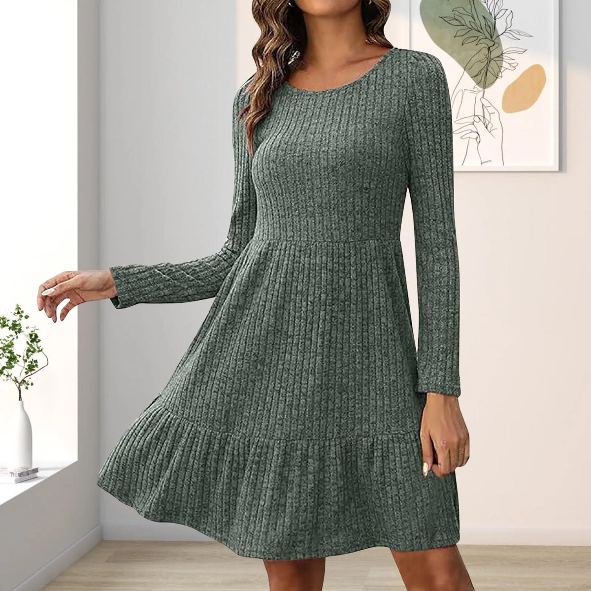 Ribbed Knit Round Neck Long Sleeve Tiered Swing Dress