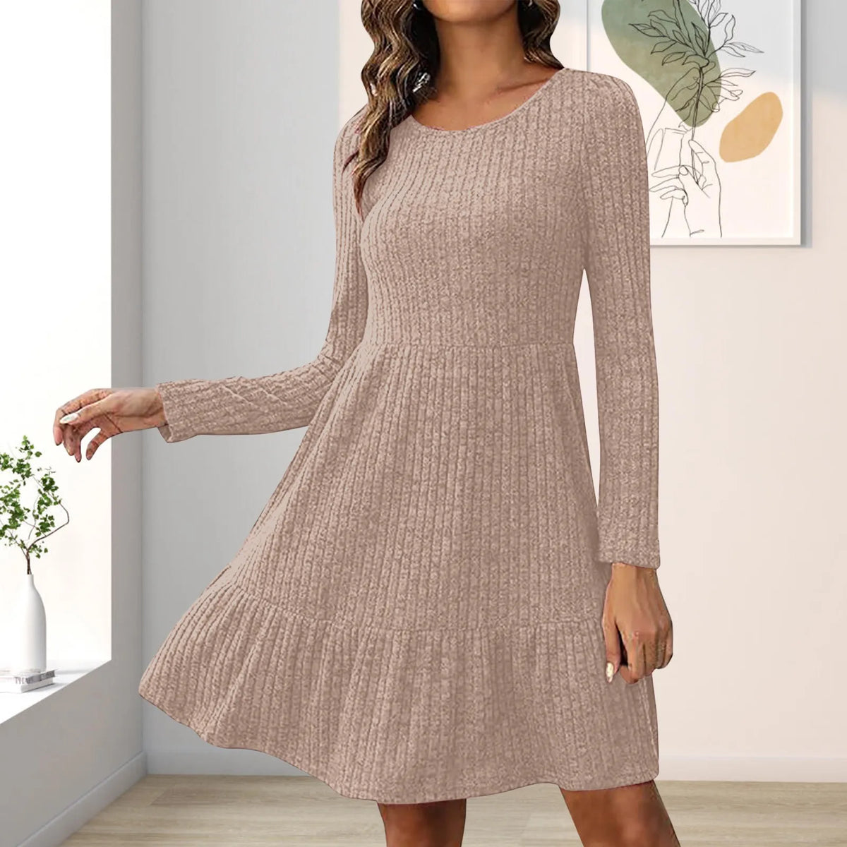 Ribbed Knit Round Neck Long Sleeve Tiered Swing Dress 2