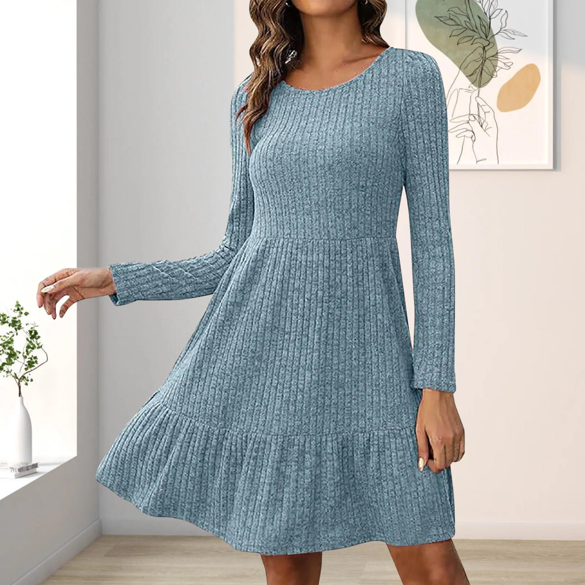 Ribbed Knit Round Neck Long Sleeve Tiered Swing Dress 7
