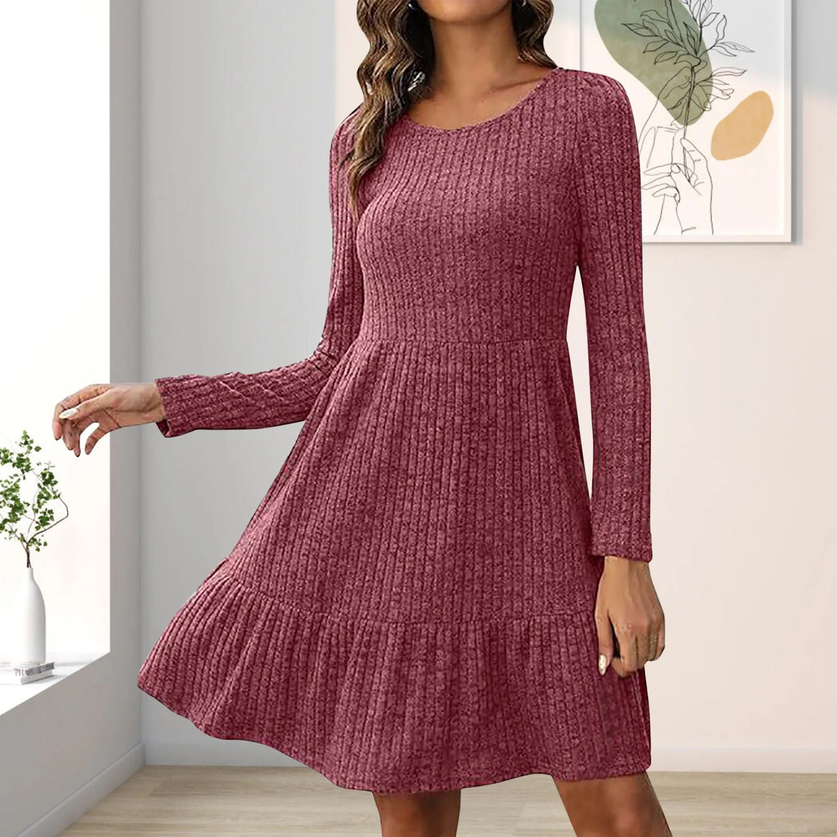 Ribbed Knit Round Neck Long Sleeve Tiered Swing Dress 3