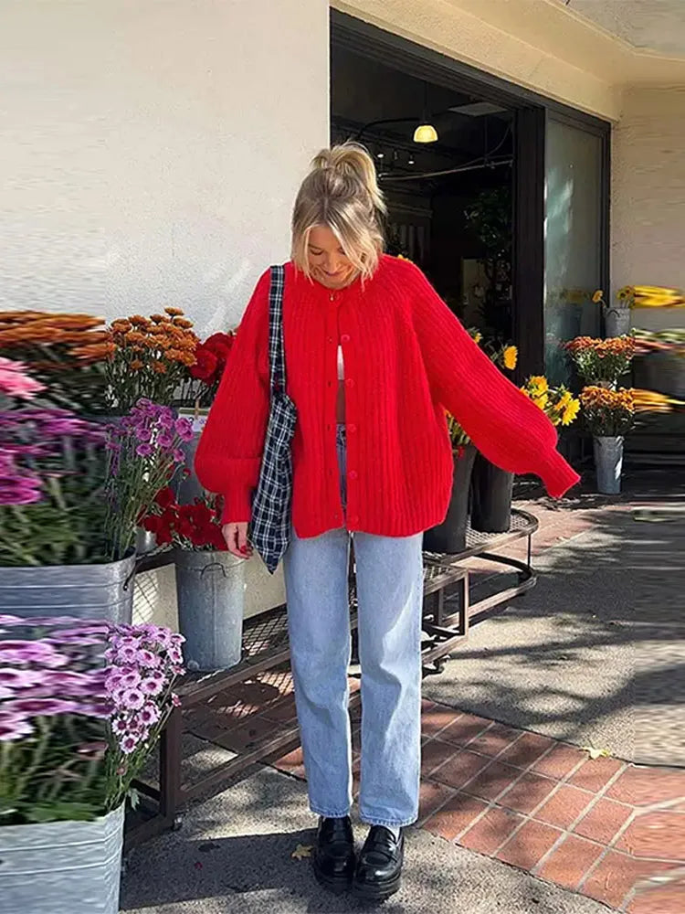 Warm Casual Solid Color Long Sleeve Red Single Breasted Knitted Cardigan 2