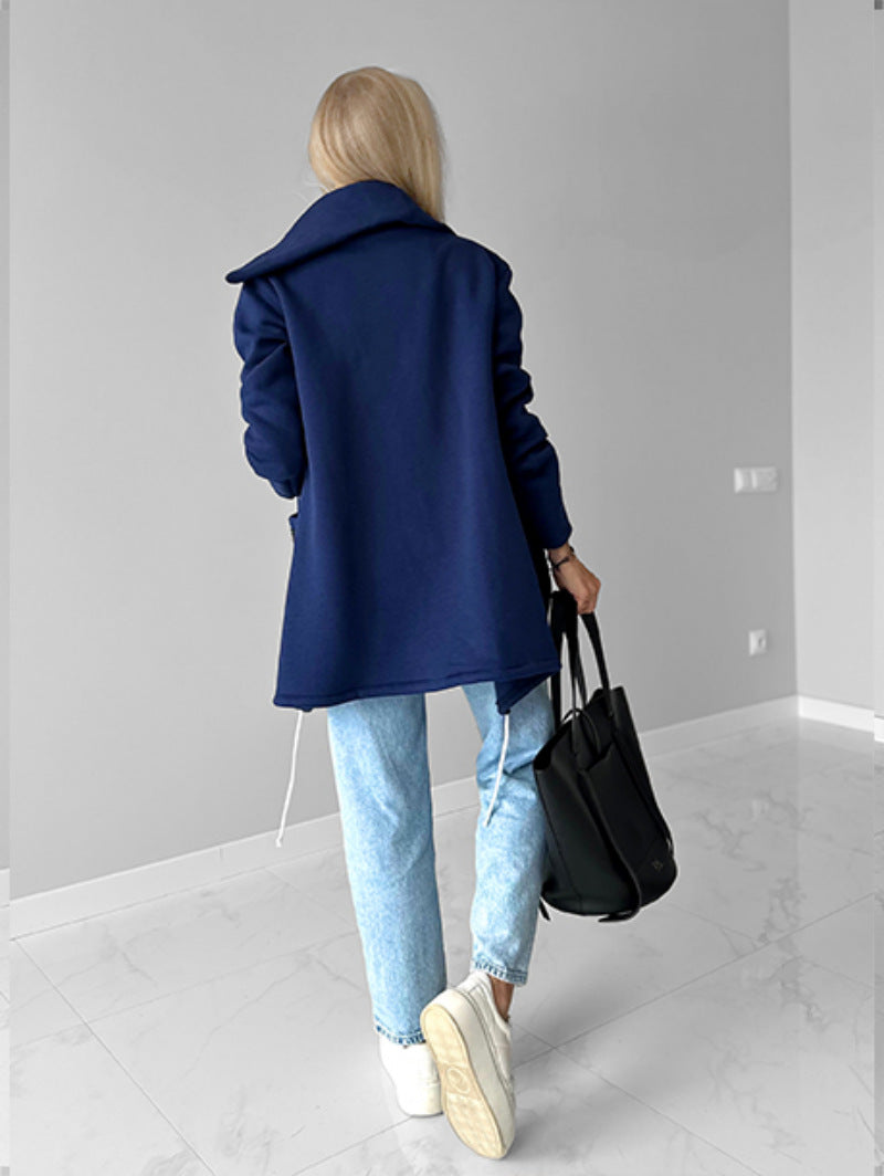 Lapel Mid-Length Fleece Jacket with Oblique Zipper Design