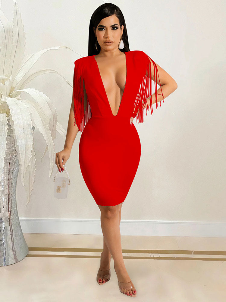 Deep V-Neck Fringe Sleeve Bodycon Mini Dress 5